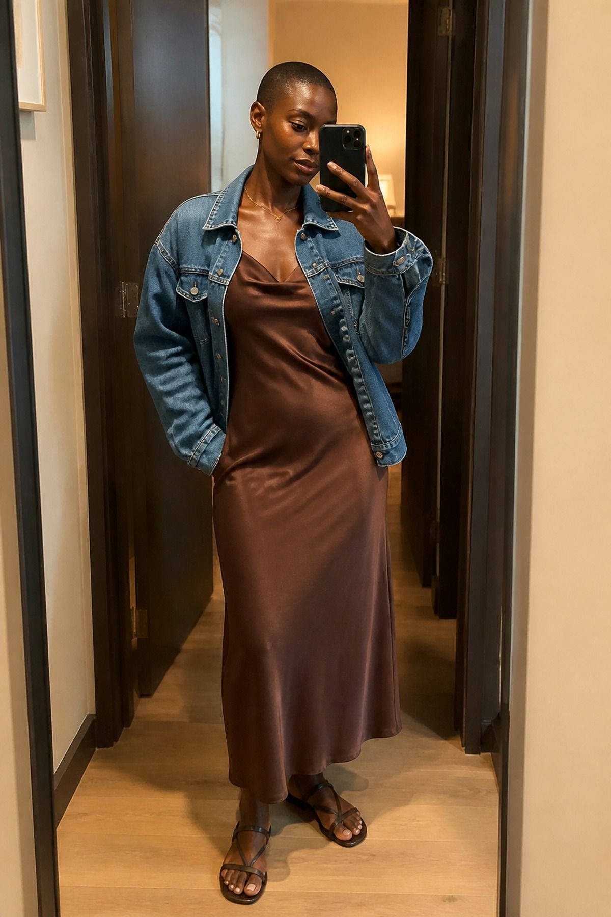 Woman wearing a brown slip dress with a denim jacket