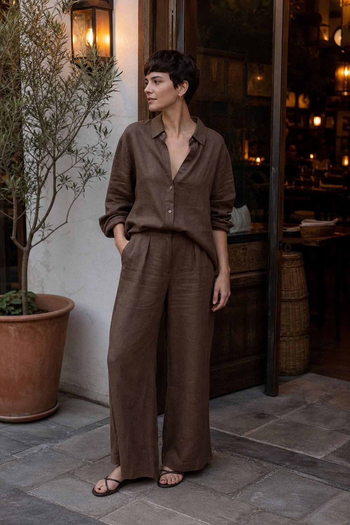 Woman wearing a brown linen set with minimal sandals