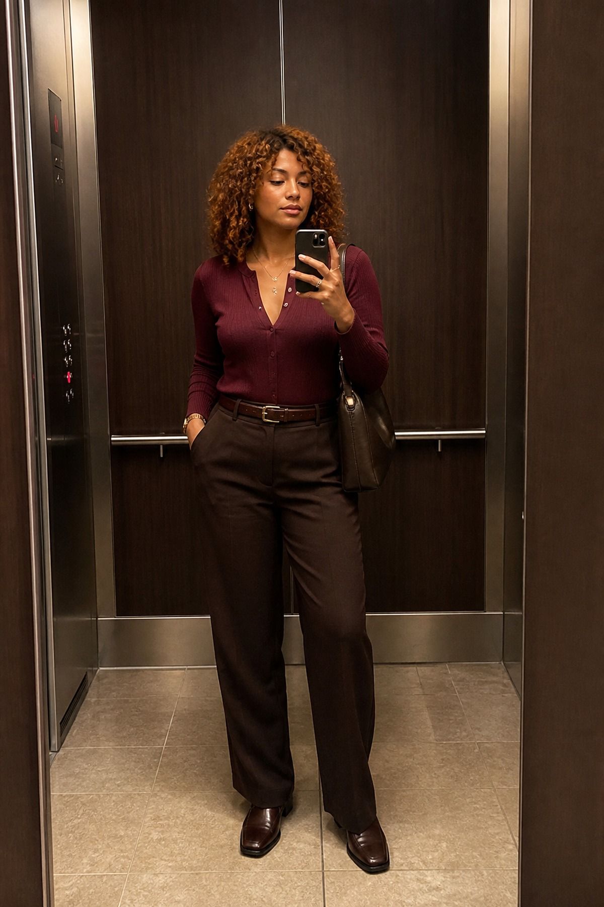Woman wearing a burgundy top with chocolate trousers, a brown outfit