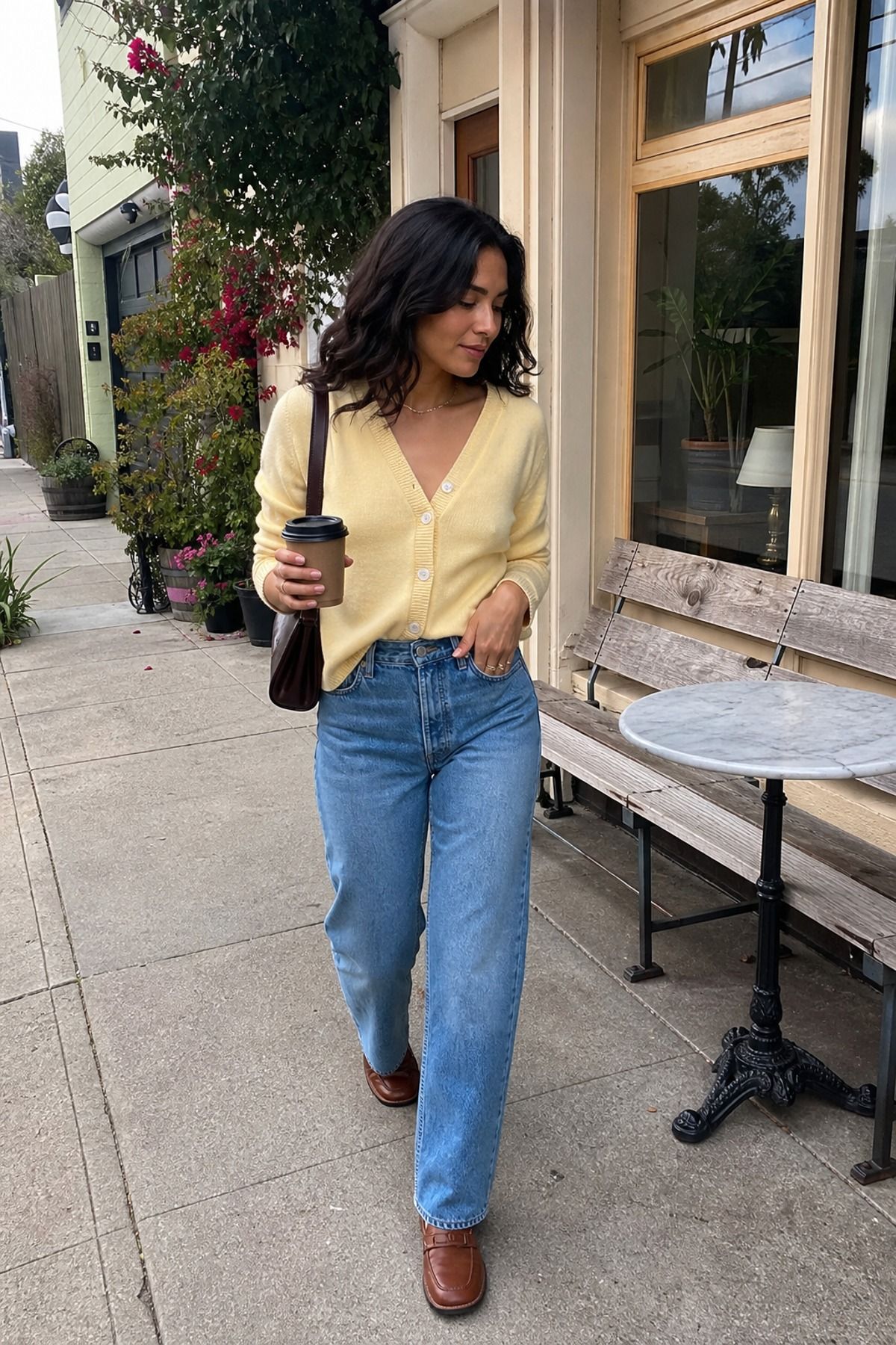 Woman wearing a butter yellow cardigan with blue jeans