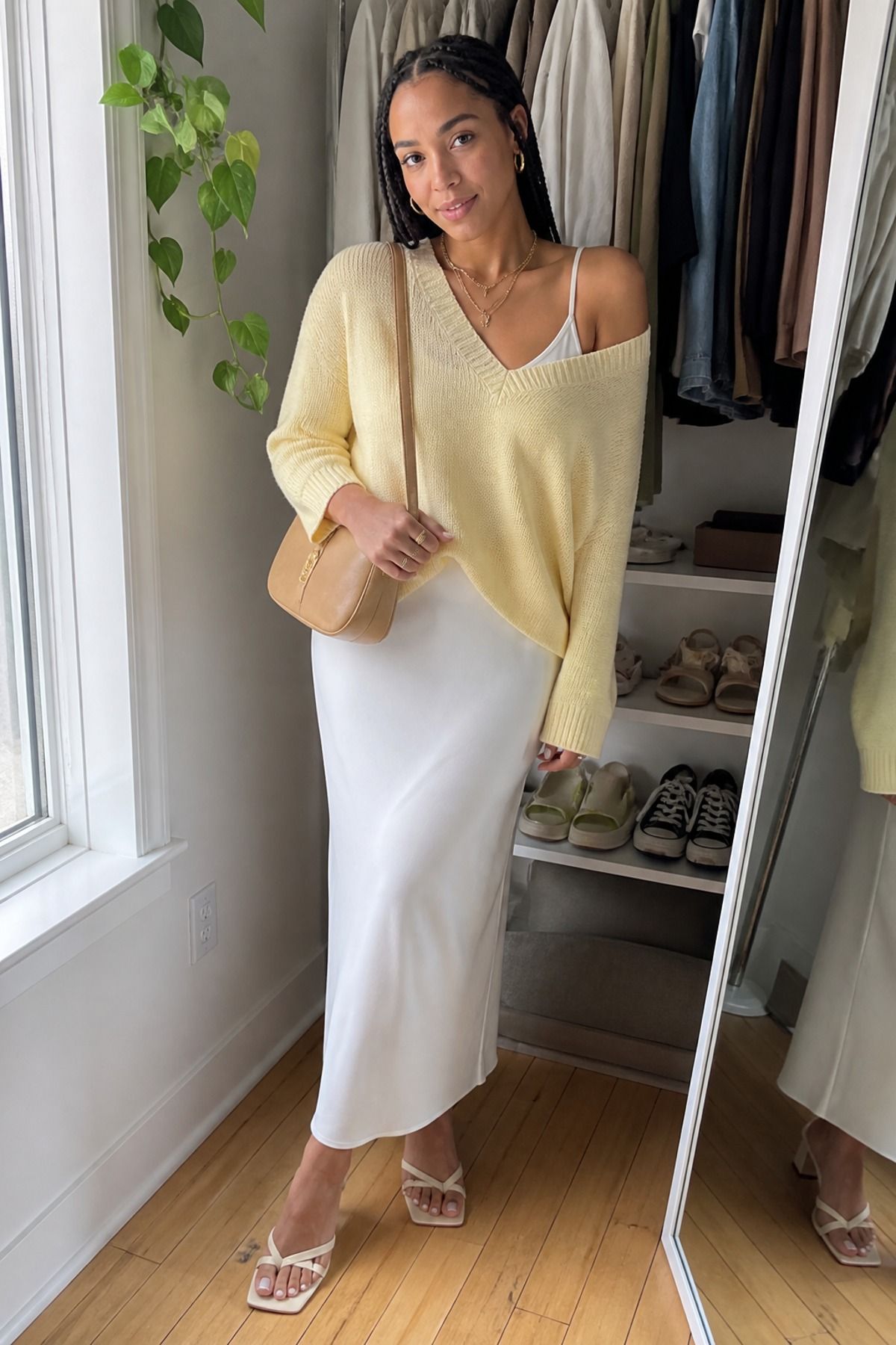 Woman wearing a light yellow sweater over a white tank dress, a butter yellow outfit