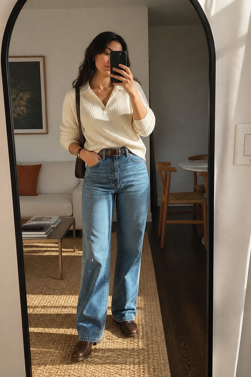 Cream Sweater With Blue Jeans cream outfit idea.