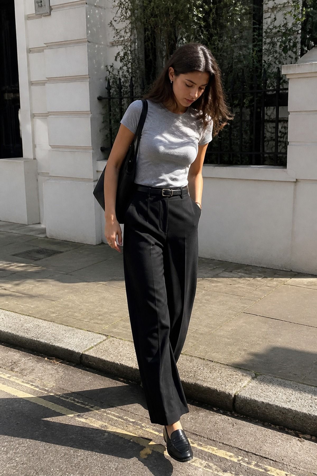 Woman wearing a heather grey tee with black trousers