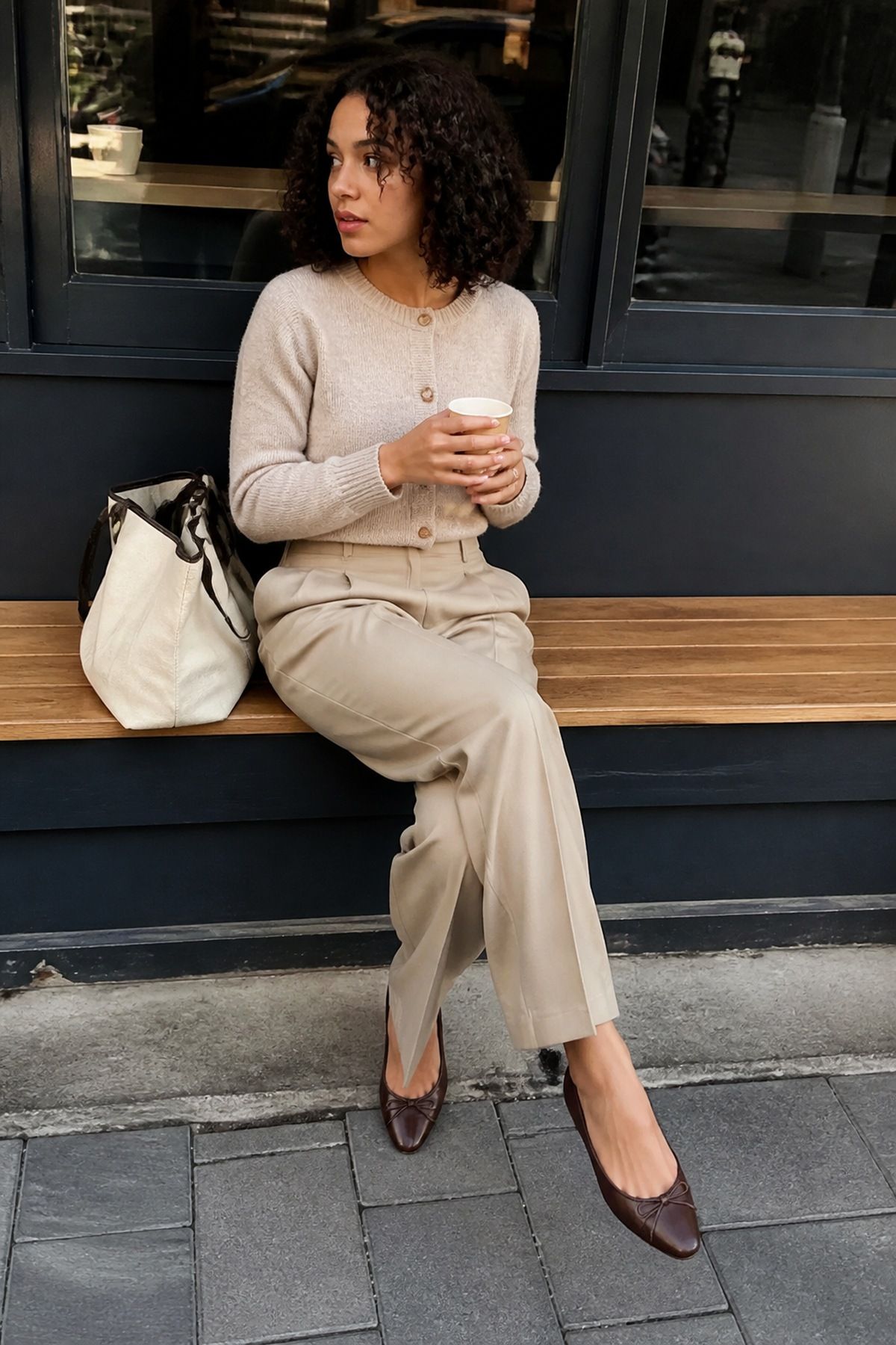 Woman wearing an oatmeal cardigan with beige trousers, a monochrome outfit