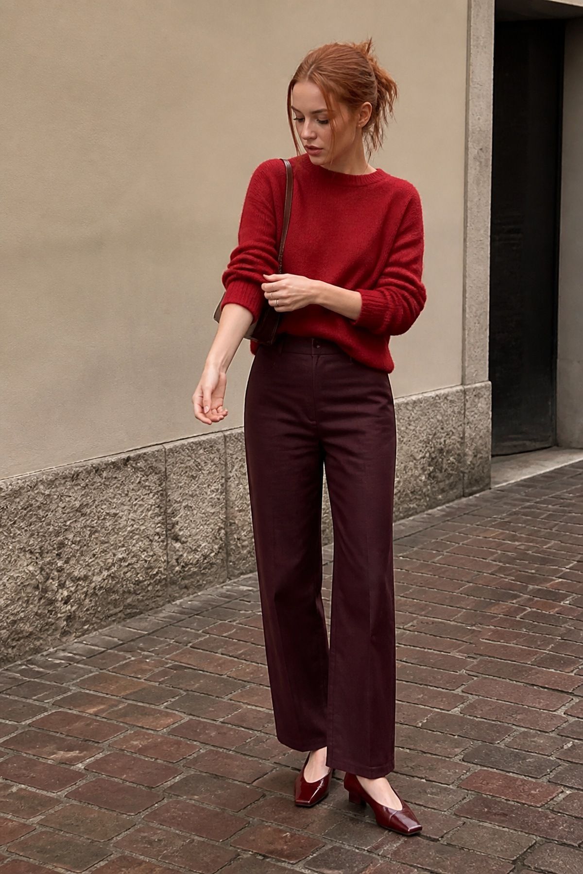 Woman wearing a red sweater with burgundy pants, a monochrome outfit