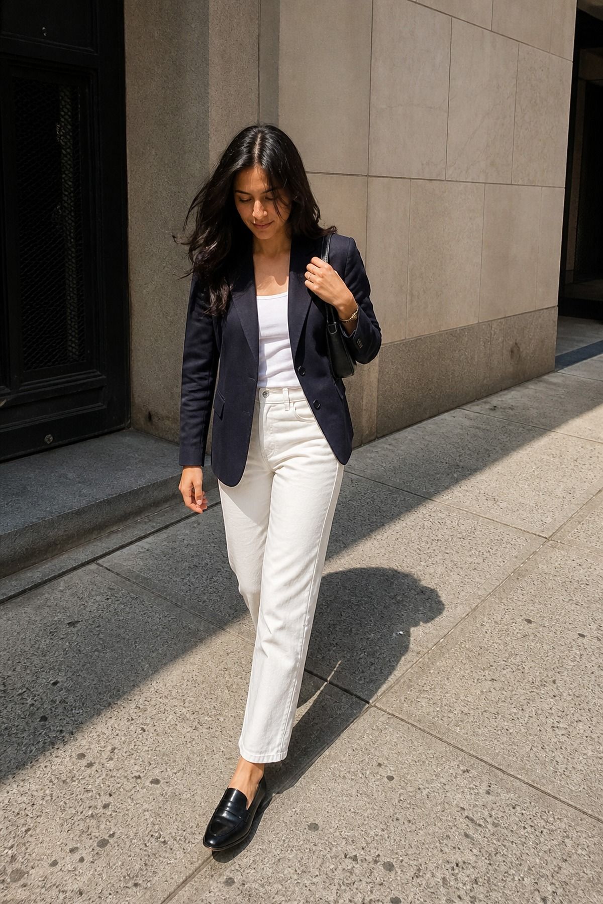 Woman wearing a navy blazer with white jeans