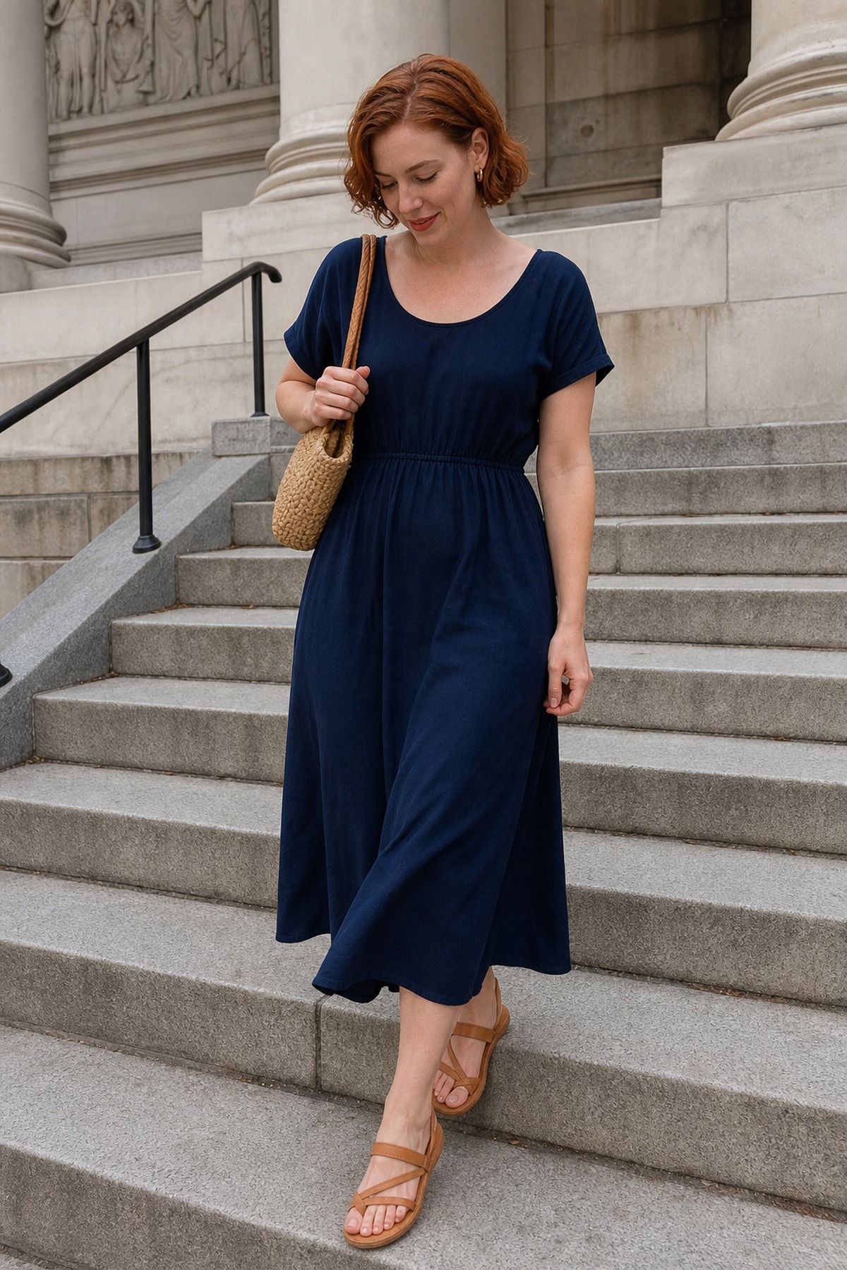 Woman wearing a navy midi dress with tan sandals