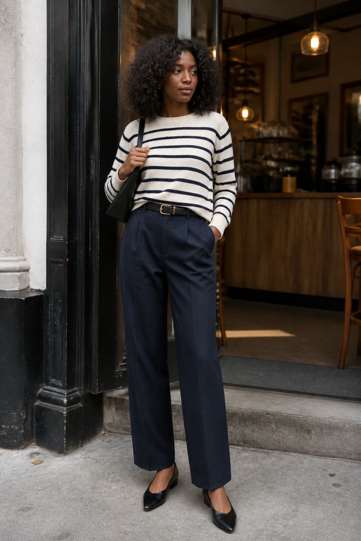 Woman wearing a striped sweater with navy trousers