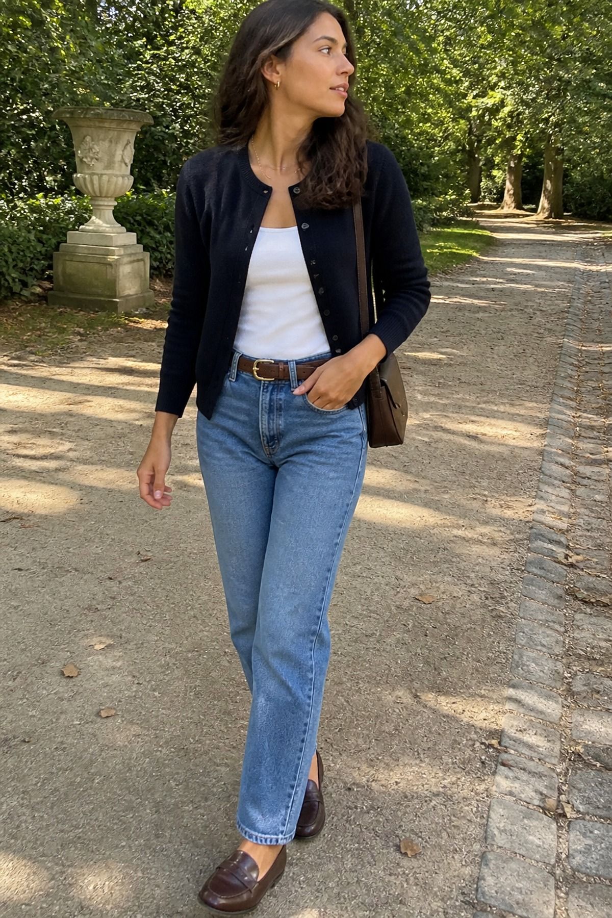 Woman wearing a navy cardigan with blue jeans