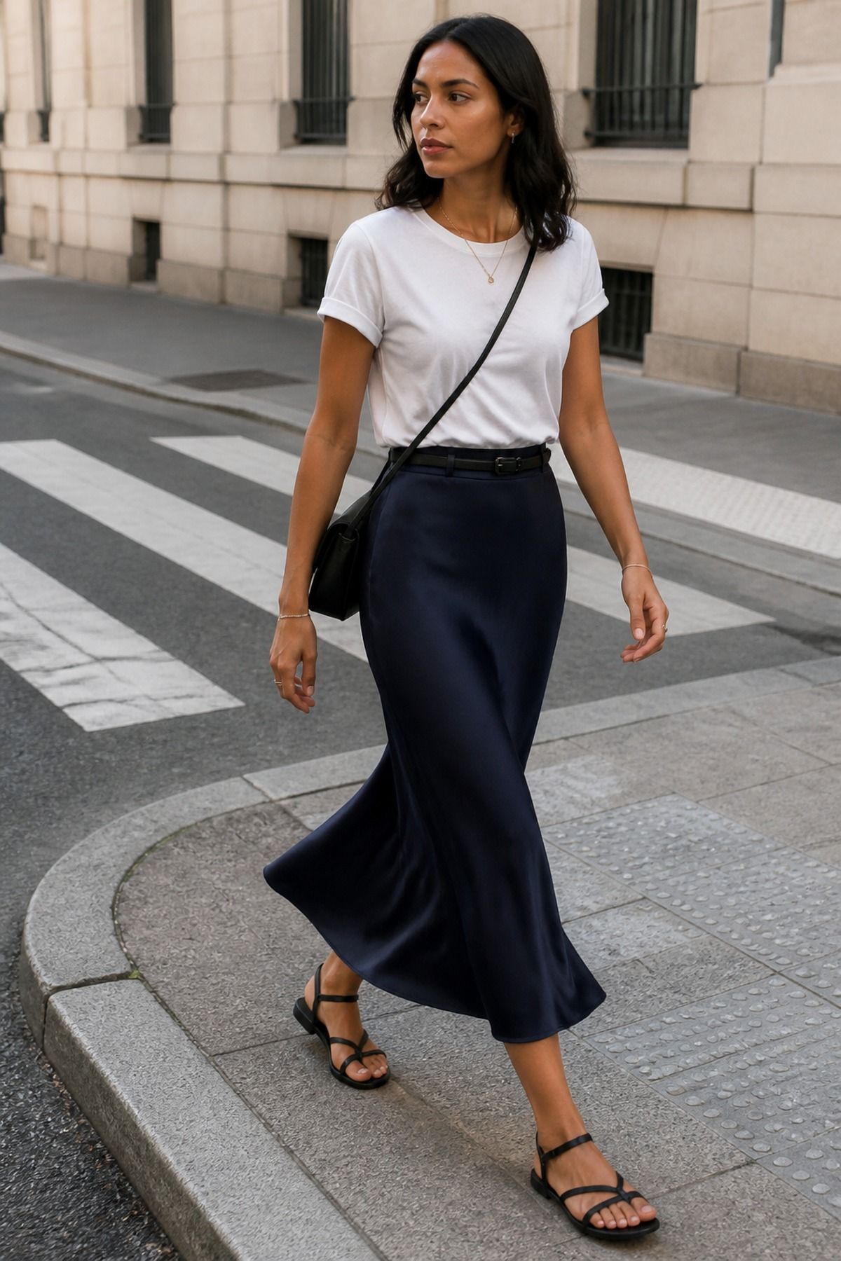 Woman wearing a navy slip skirt with a white tee
