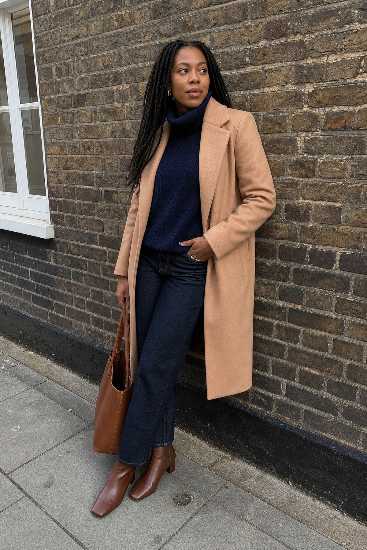 Woman wearing a camel coat with navy knitwear