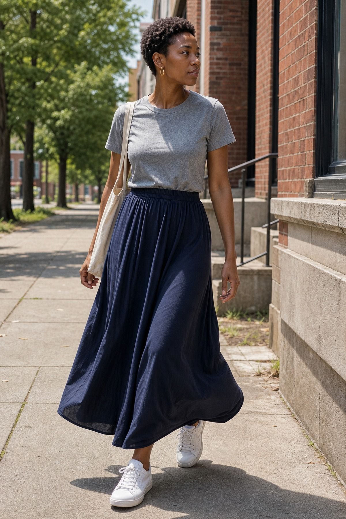Woman wearing a navy maxi skirt with a gray tee