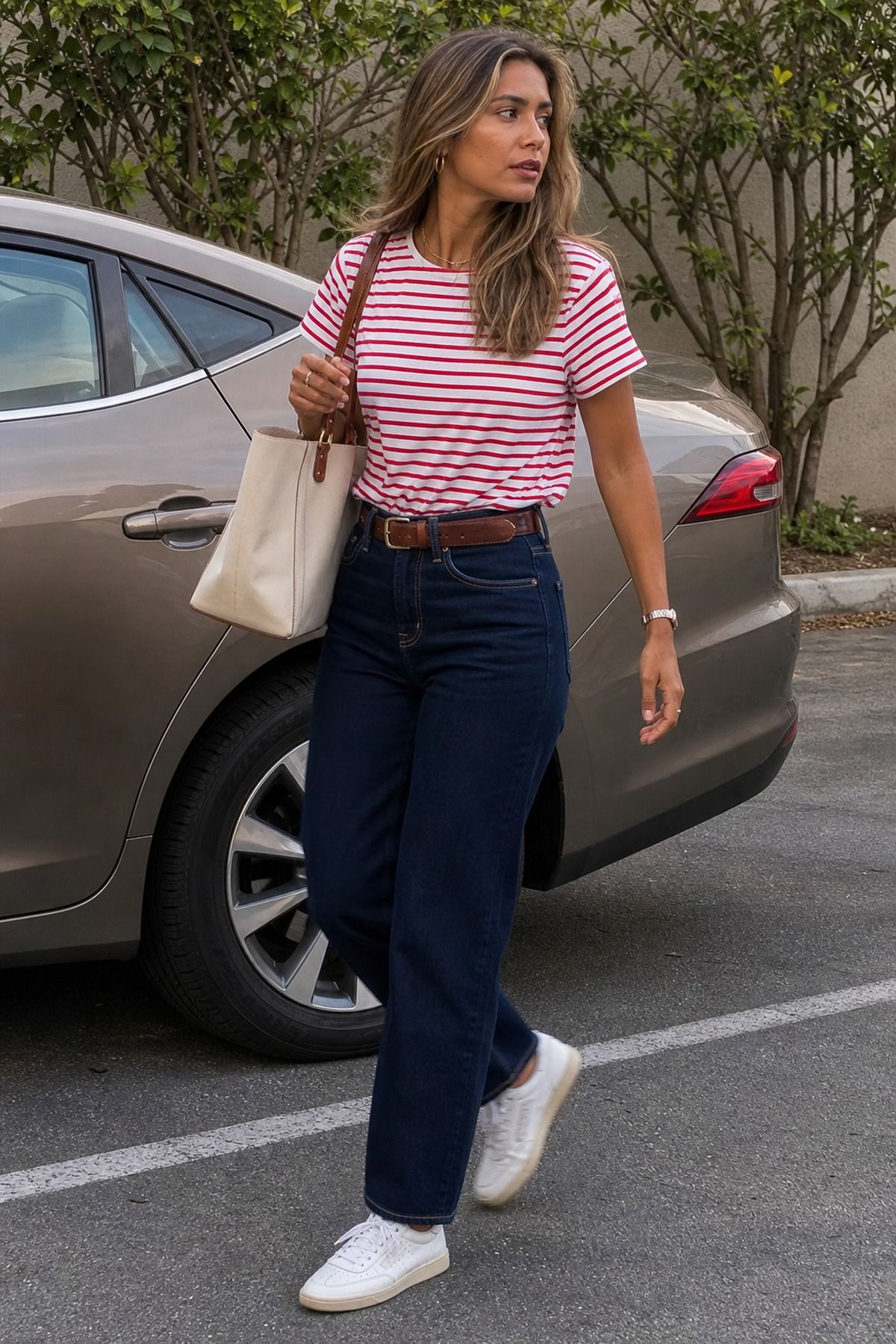 Woman wearing a red striped tee with navy jeans