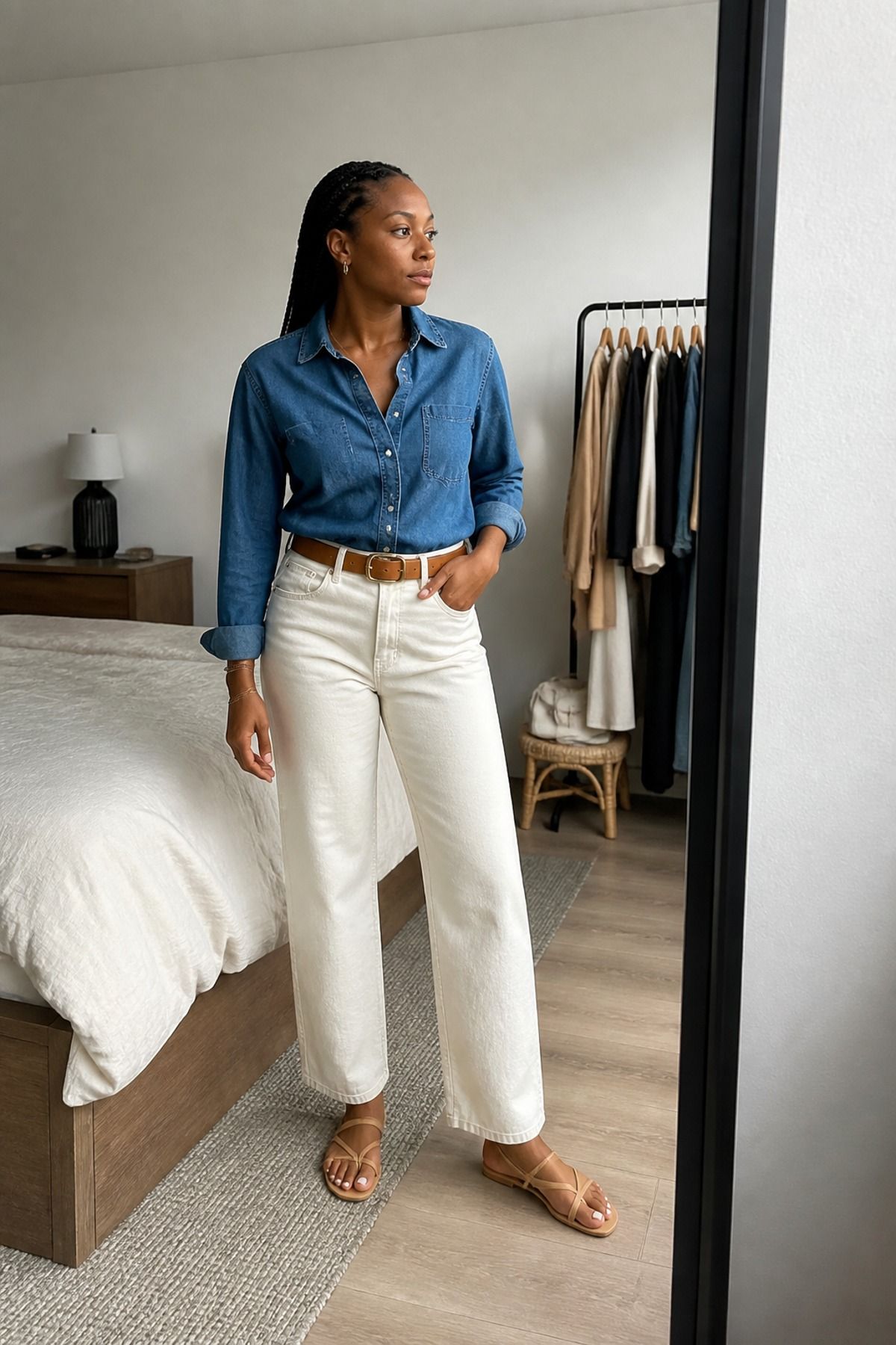 Woman wearing a denim shirt with ecru jeans, a neutral outfit