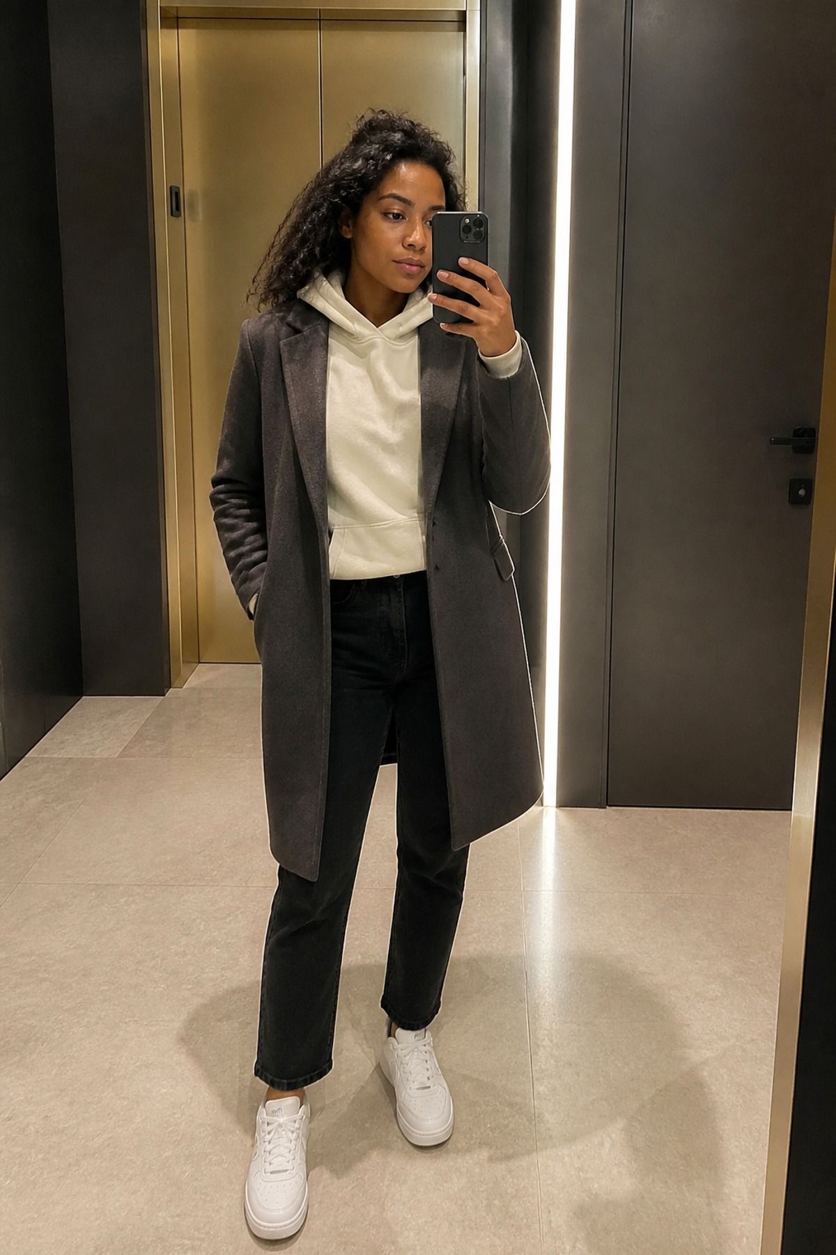 Woman wearing a cream hoodie with a structured coat, a neutral outfit