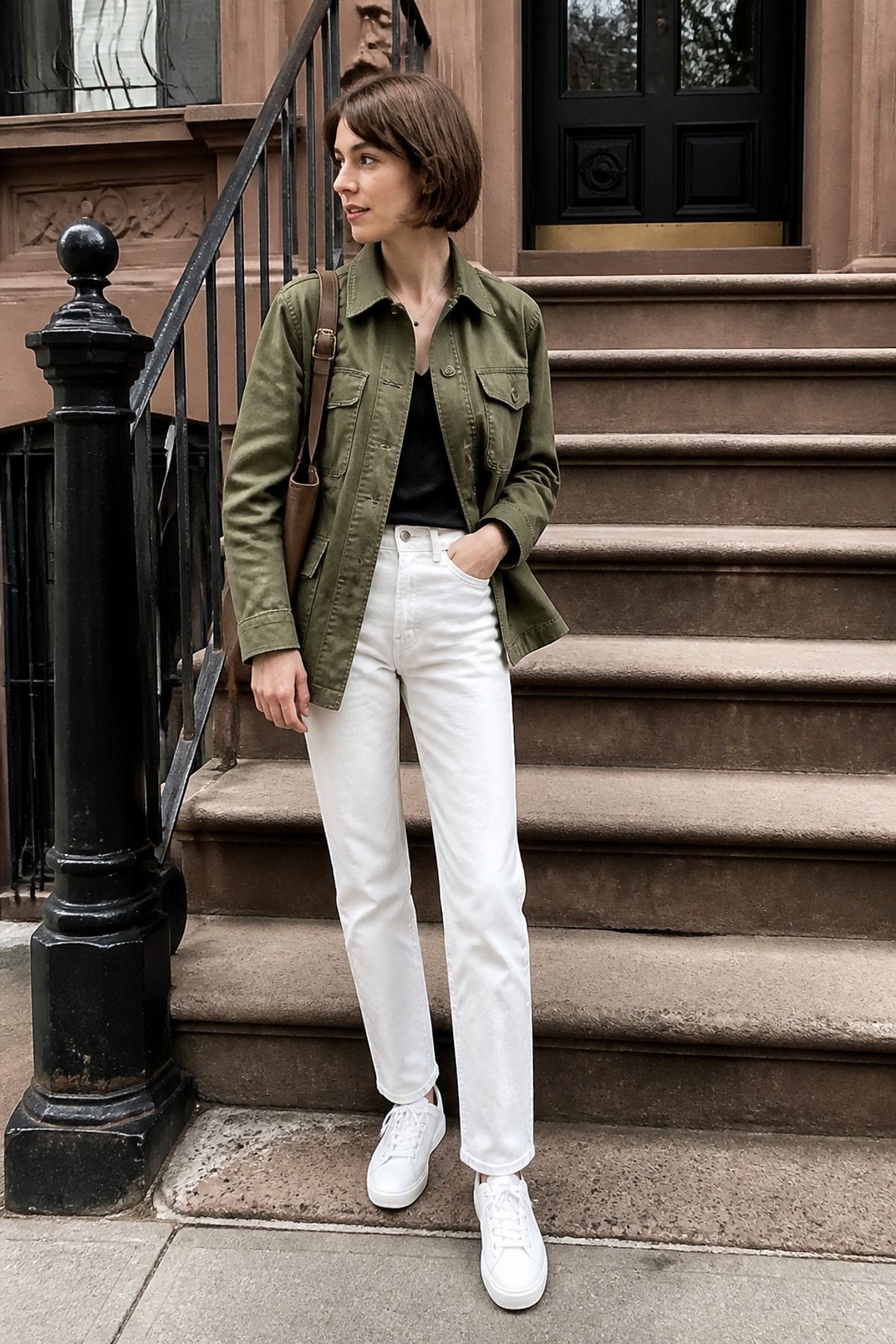 Olive Utility Jacket With White Jeans outfit idea for 19 Best Olive Green Outfit Ideas That Make the Earthy Neutral Feel Polished.