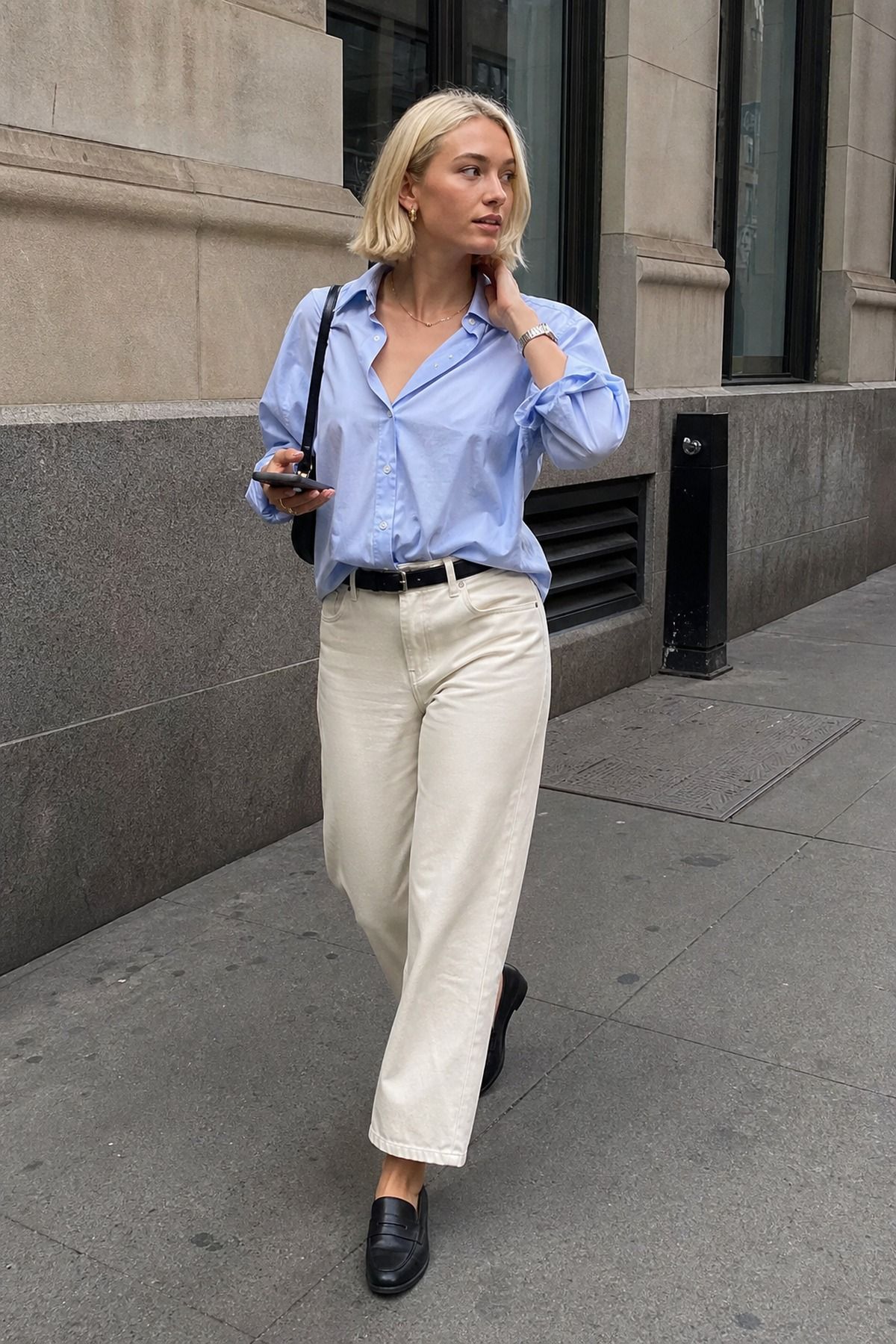 Woman wearing a powder blue shirt with cream trousers, a pastel outfit