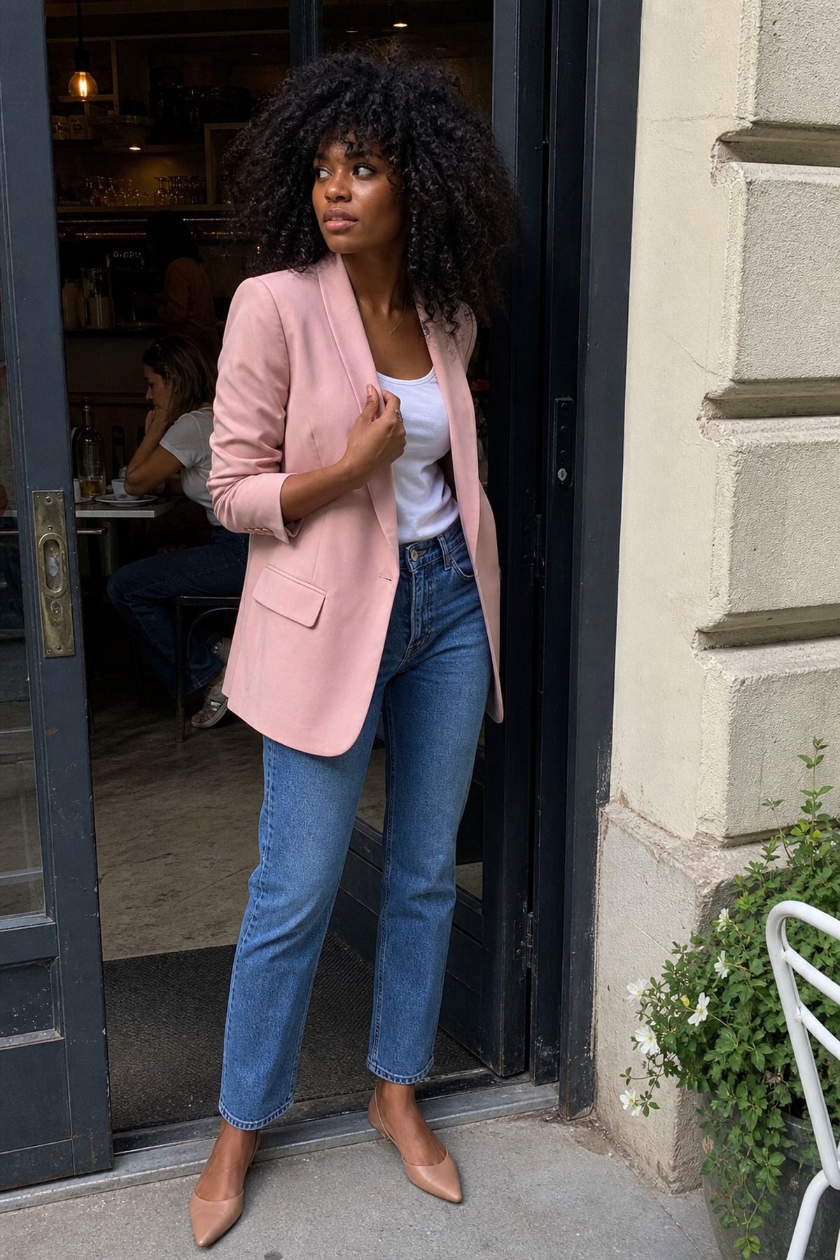Woman wearing a blush blazer with straight jeans, a pastel outfit