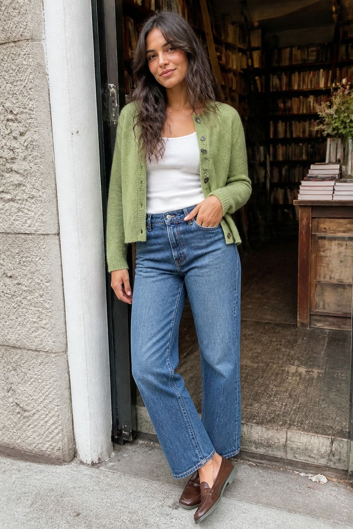 Woman wearing a soft green cardigan with blue jeans, a pastel outfit