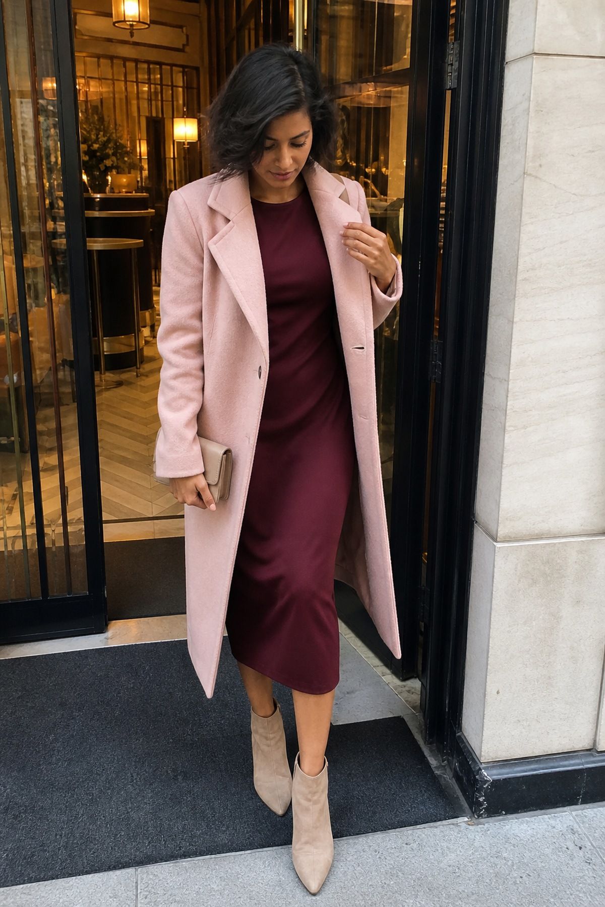 Woman wearing a burgundy dress with blush coat, a pink and red outfit