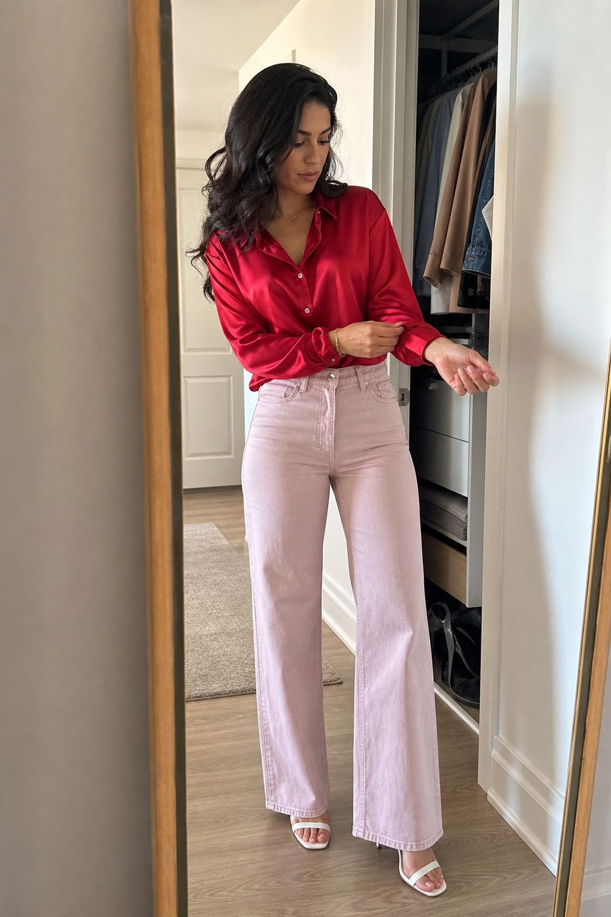 Woman wearing a red satin blouse with blush jeans, a pink and red outfit
