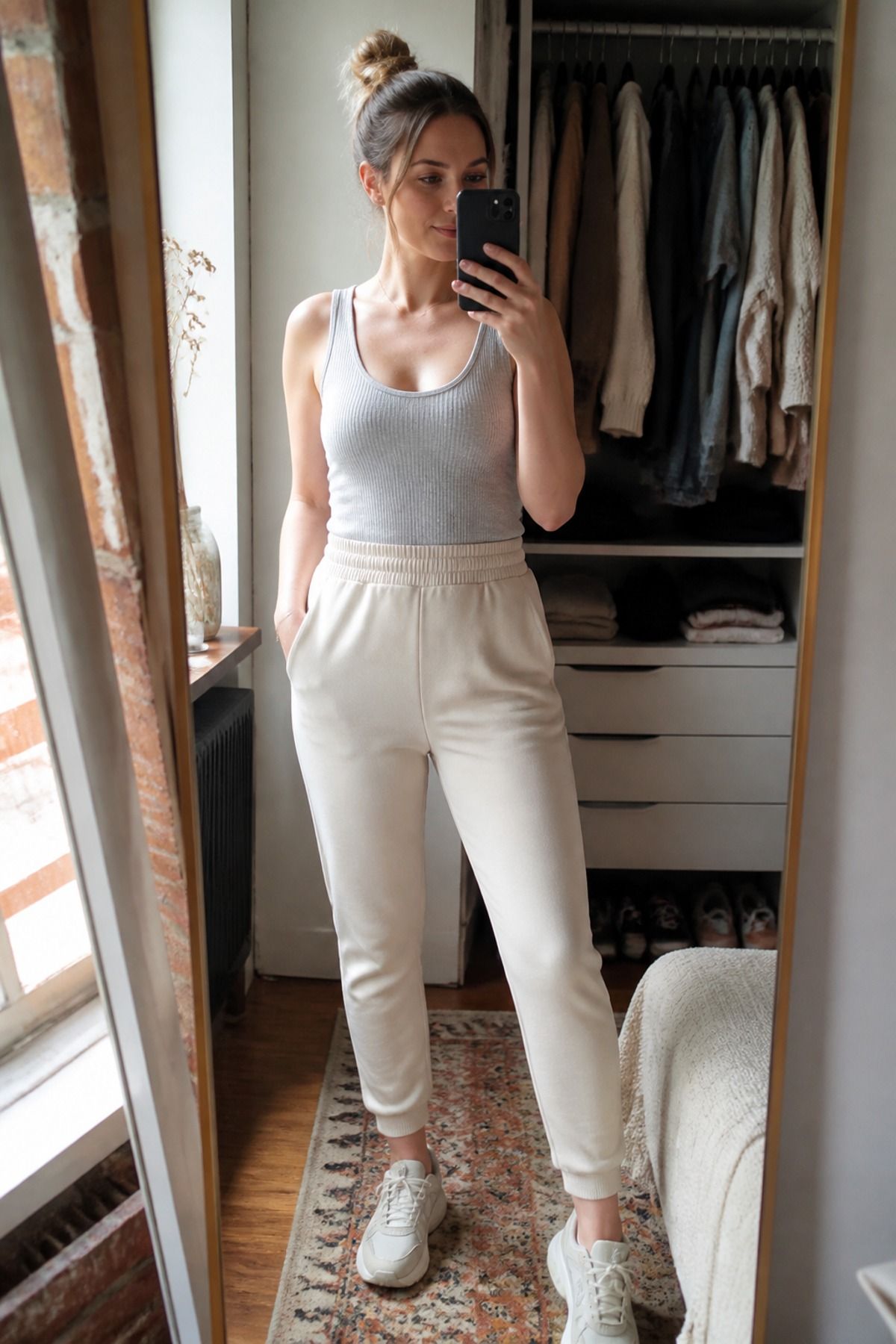 Woman wearing a nursing tank with high-waist joggers, a postpartum outfit