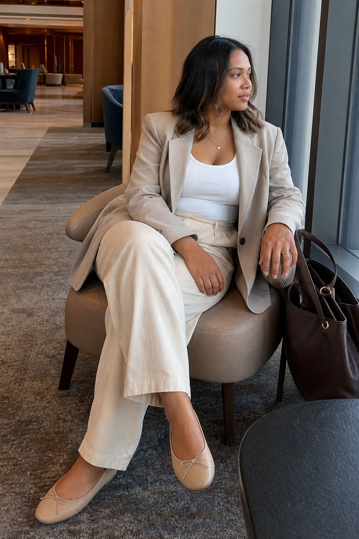Woman wearing a nursing camisole with a soft blazer, a postpartum outfit