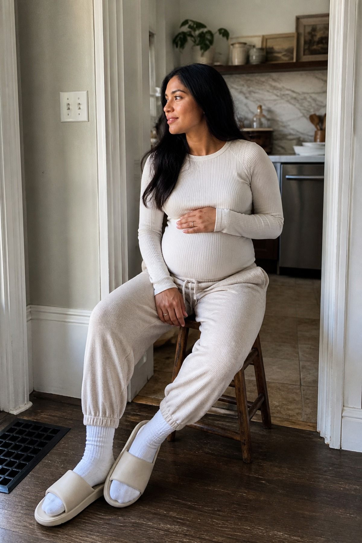 Woman wearing maternity joggers with a ribbed long sleeve, a pregnancy casual outfit