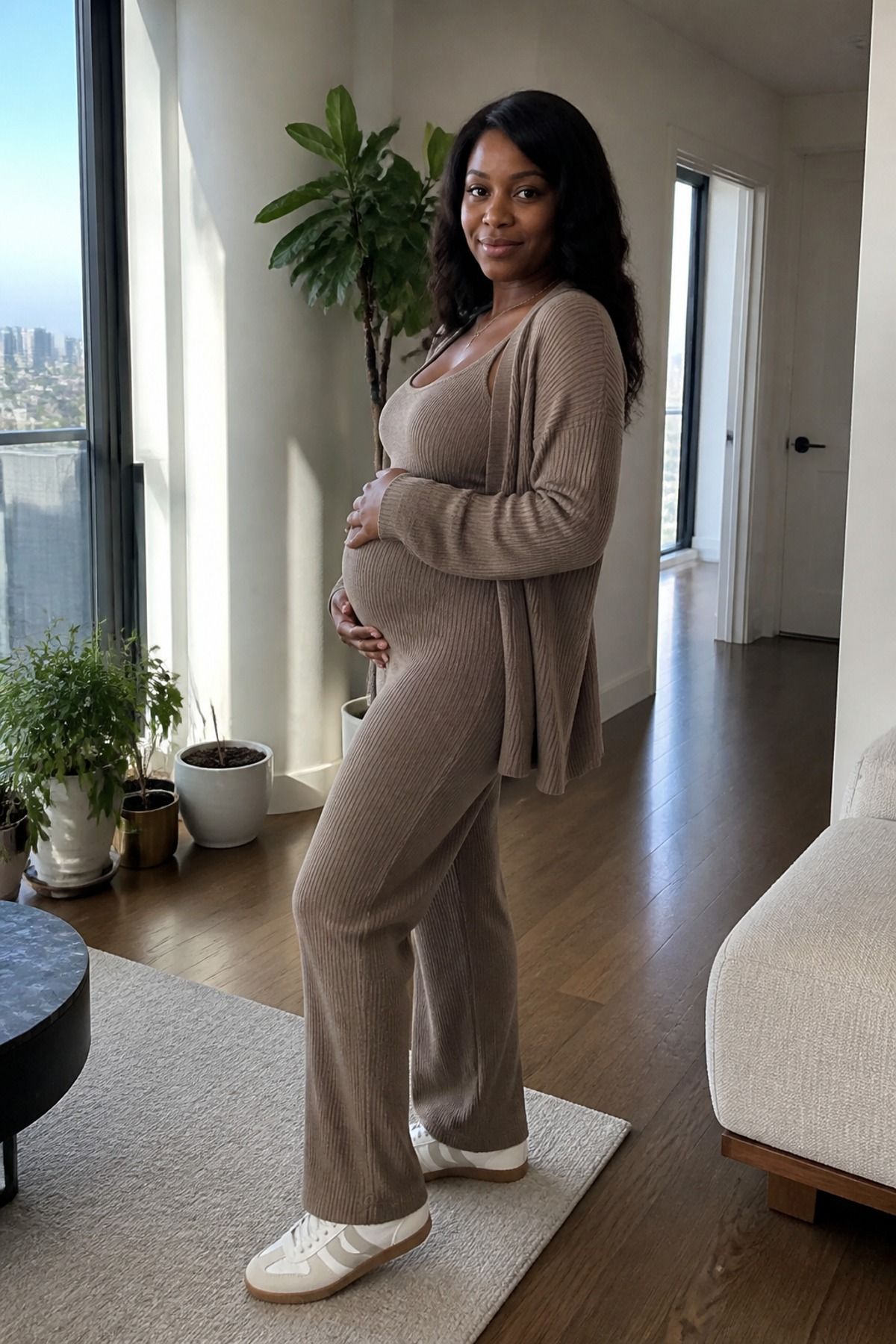 Woman wearing a knit co-ord set with low-profile sneakers, a pregnancy casual outfit