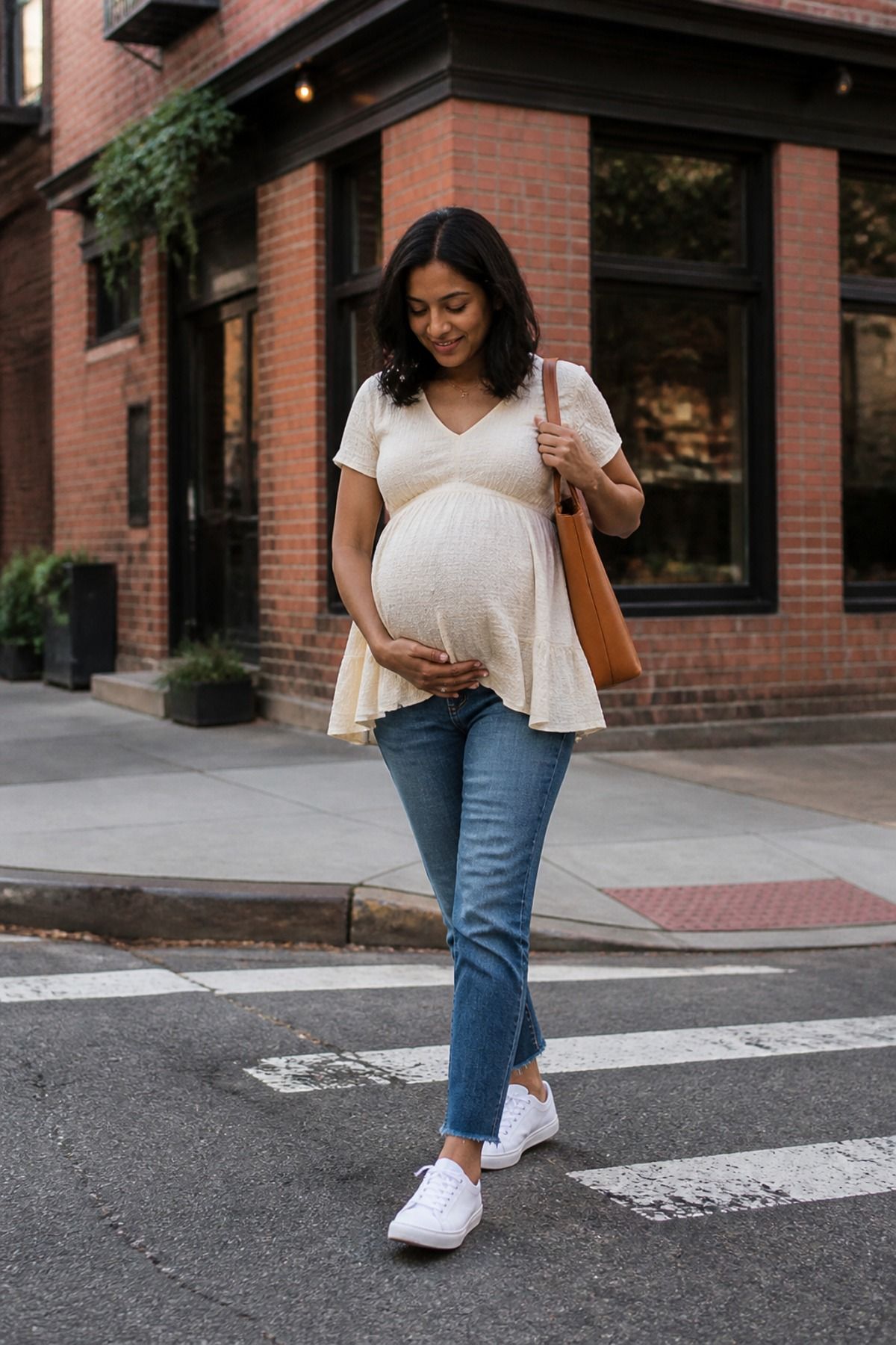 Woman wearing maternity jeans with a soft peplum top, a pregnancy casual outfit