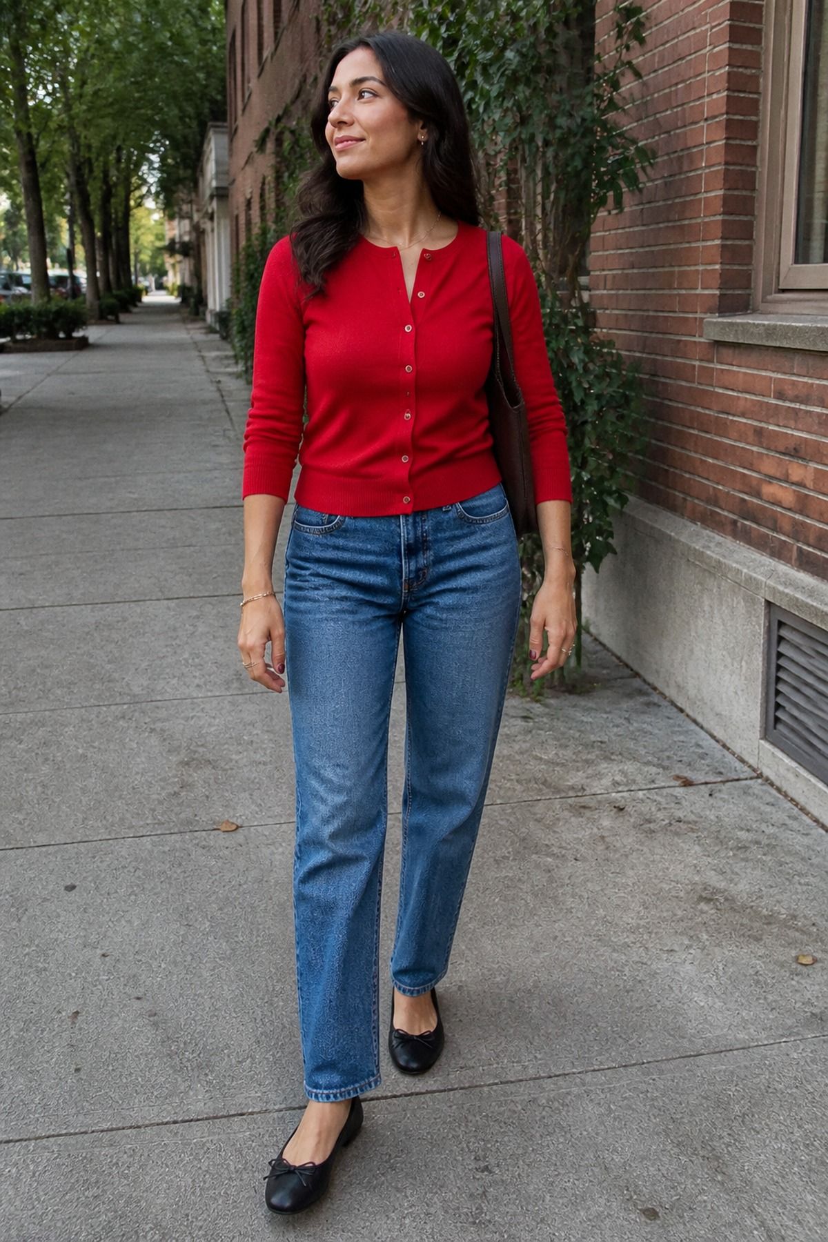 Red Cardigan With Straight Jeans red outfit idea for 17 Best Red Outfit Ideas That Add Color Without Feeling Too Loud.