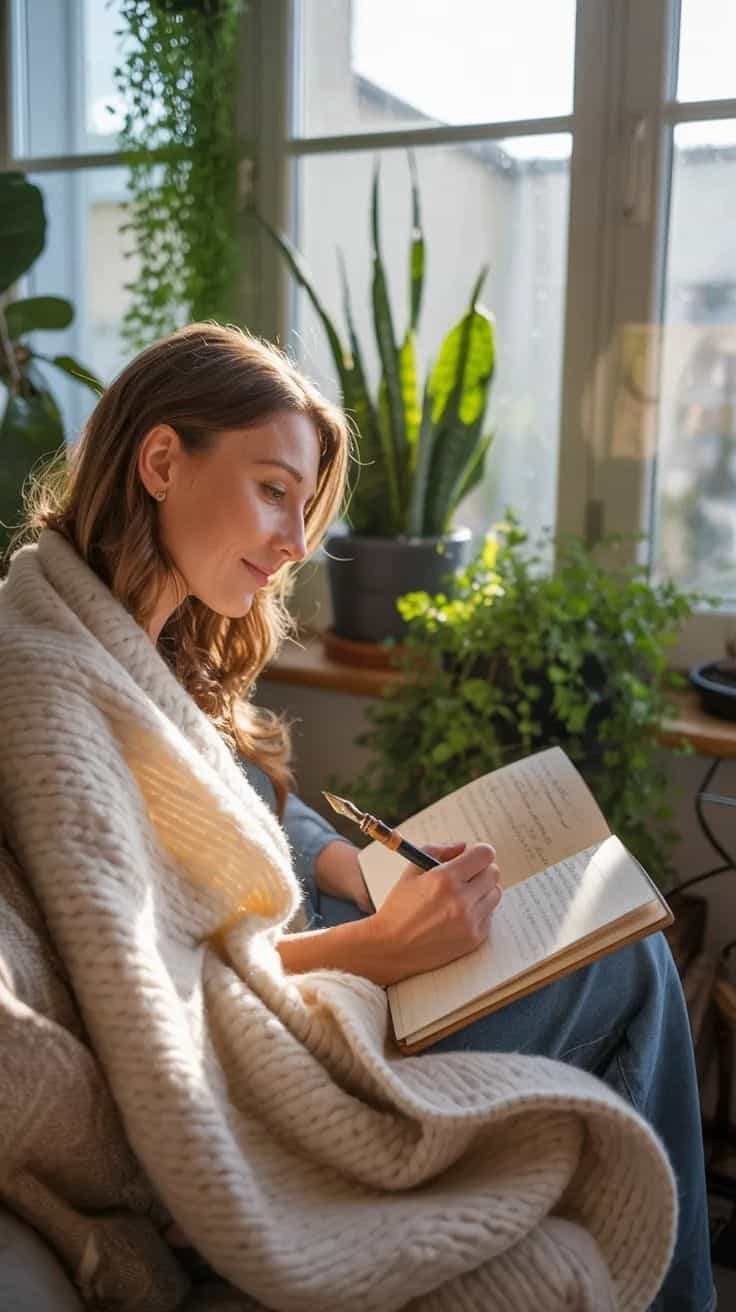 Woman journaling with a fountain pen in a cozy, sunlit room.
