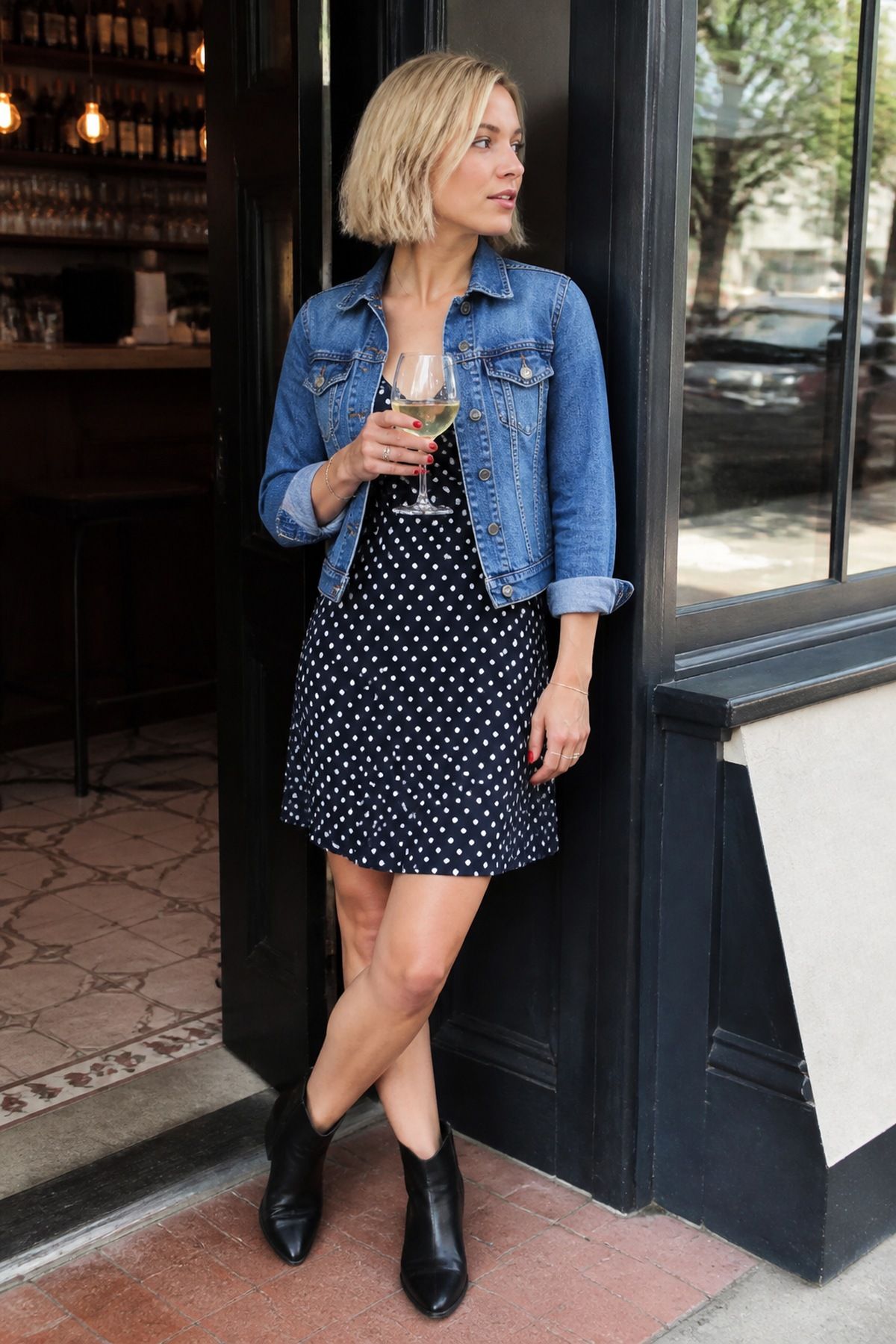 Woman wearing a polka-dot dress with a denim jacket, a casual Valentine s day outfit