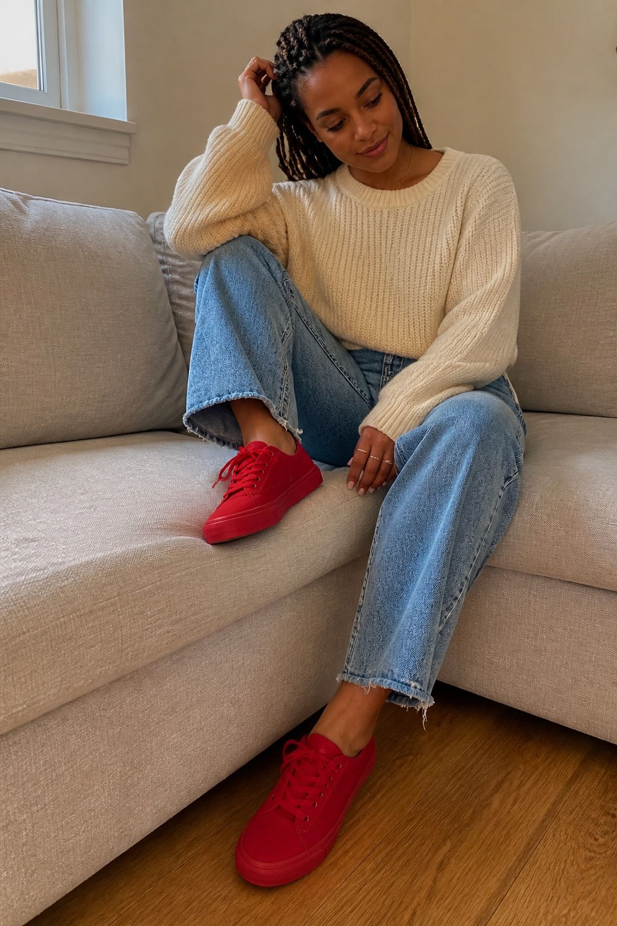 Woman wearing red sneakers with a sweater and jeans, a casual Valentine s day outfit