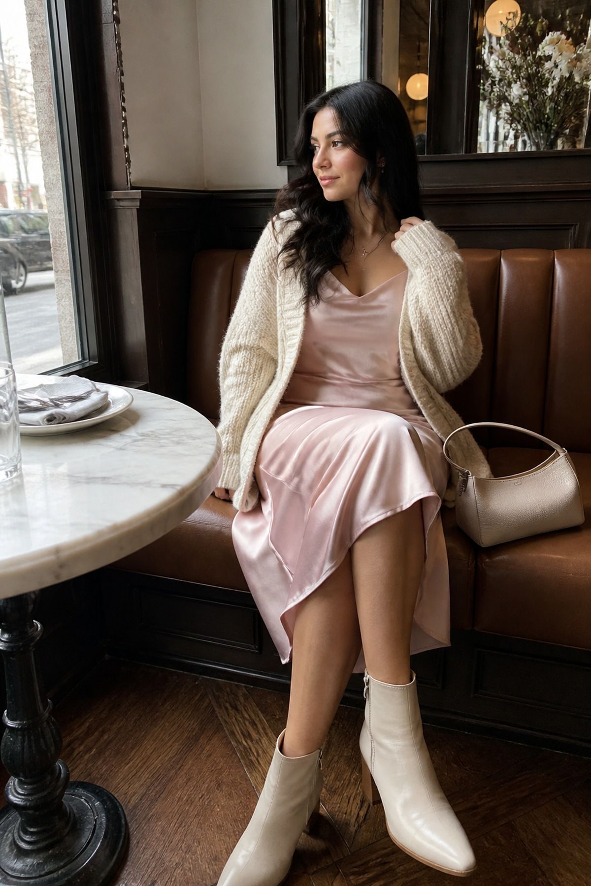 Woman wearing a pink slip dress with a chunky cardigan, a casual Valentine s day outfit