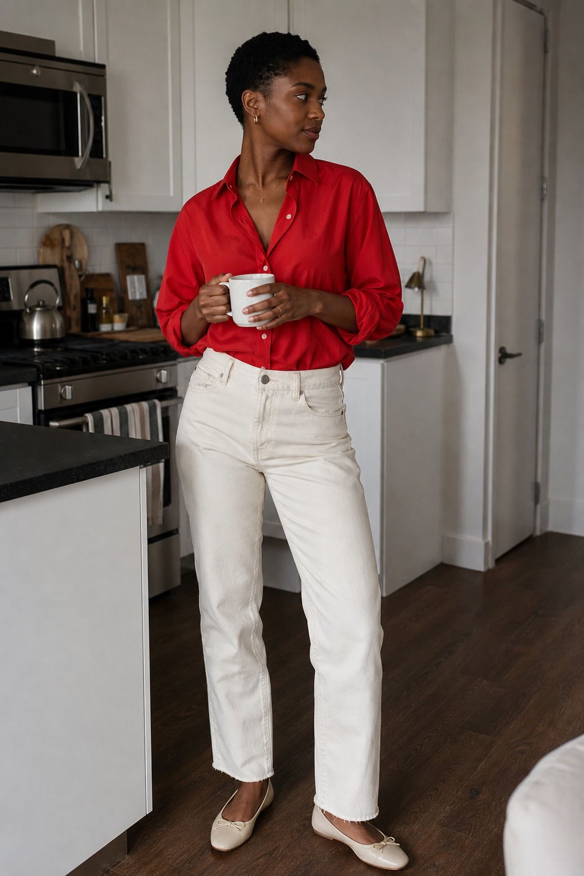 Woman wearing a red blouse with cream jeans, a casual Valentine s day outfit