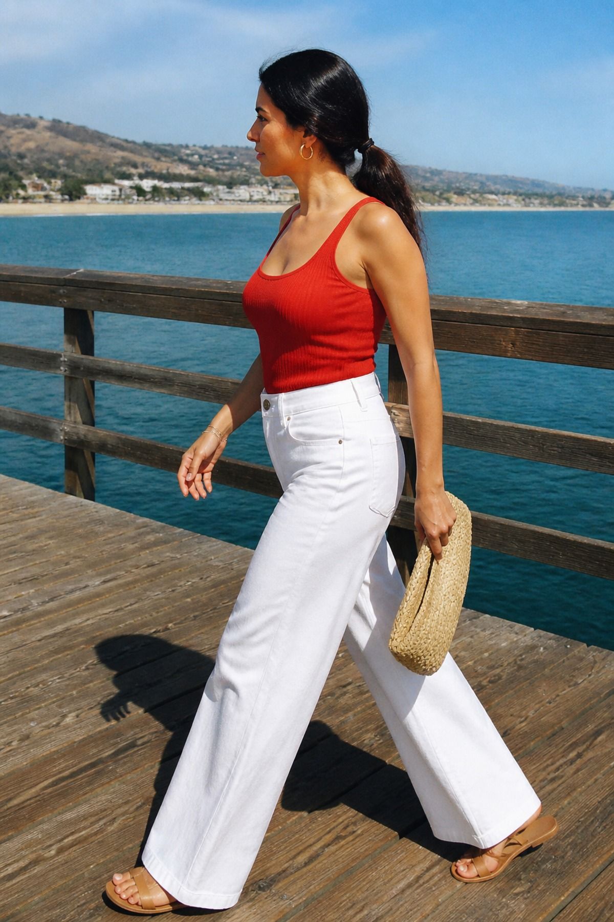 Woman wearing a red tank with white wide-leg pants, a Fourth of July outfit
