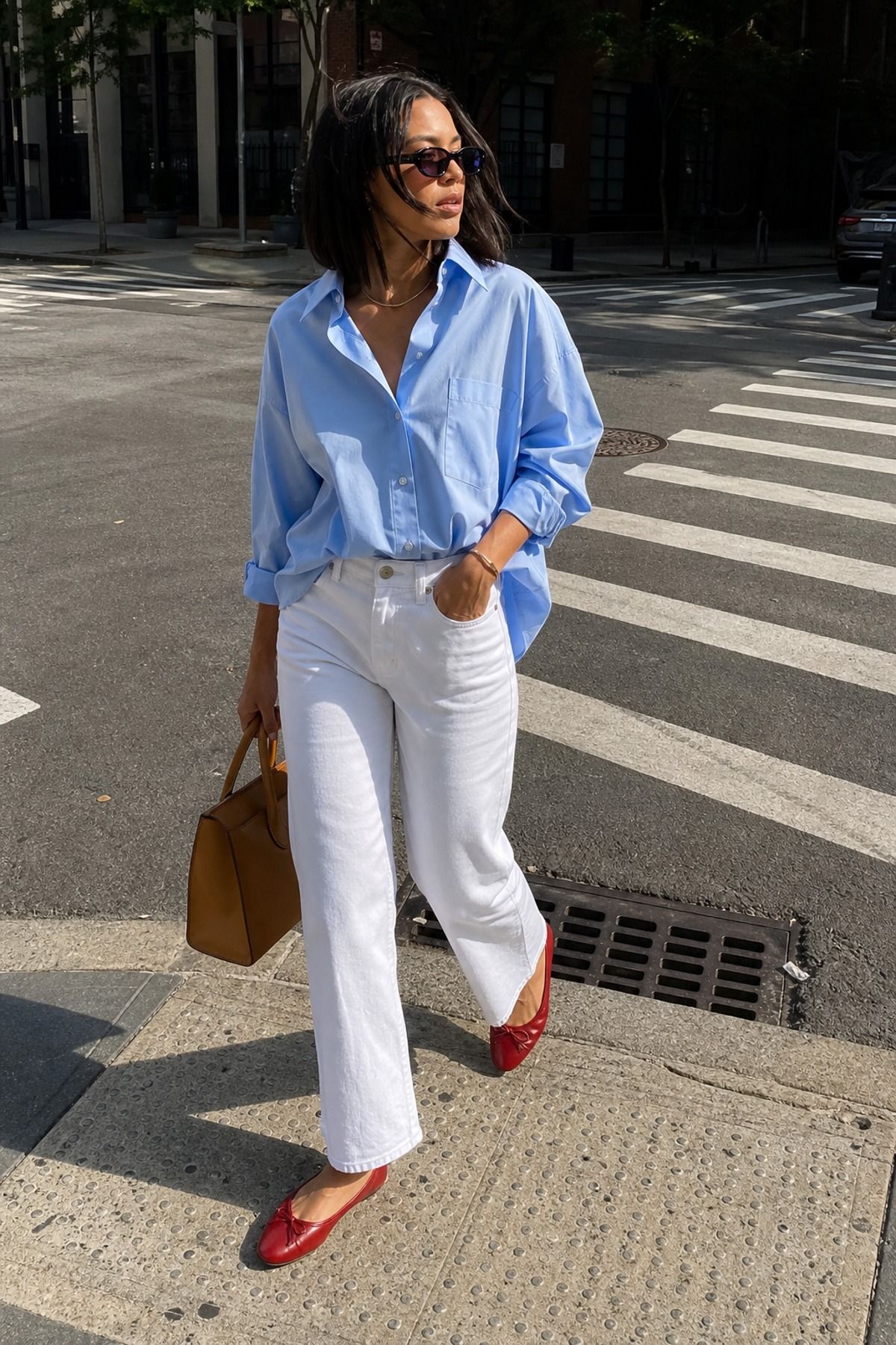 Woman wearing white jeans with a blue poplin shirt, a Fourth of July outfit