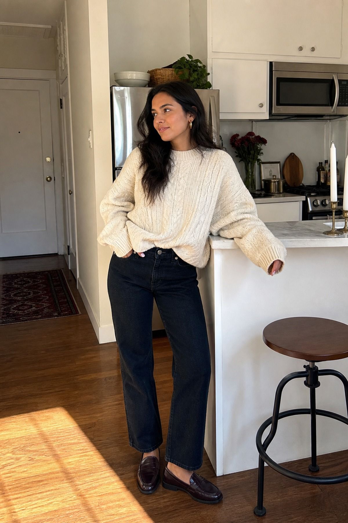 Oversized Sweater With Dark Straight Jeans outfit idea for 16 Best Friendsgiving Outfit Ideas That Feel Cozy, Cute, and Dinner-Ready.
