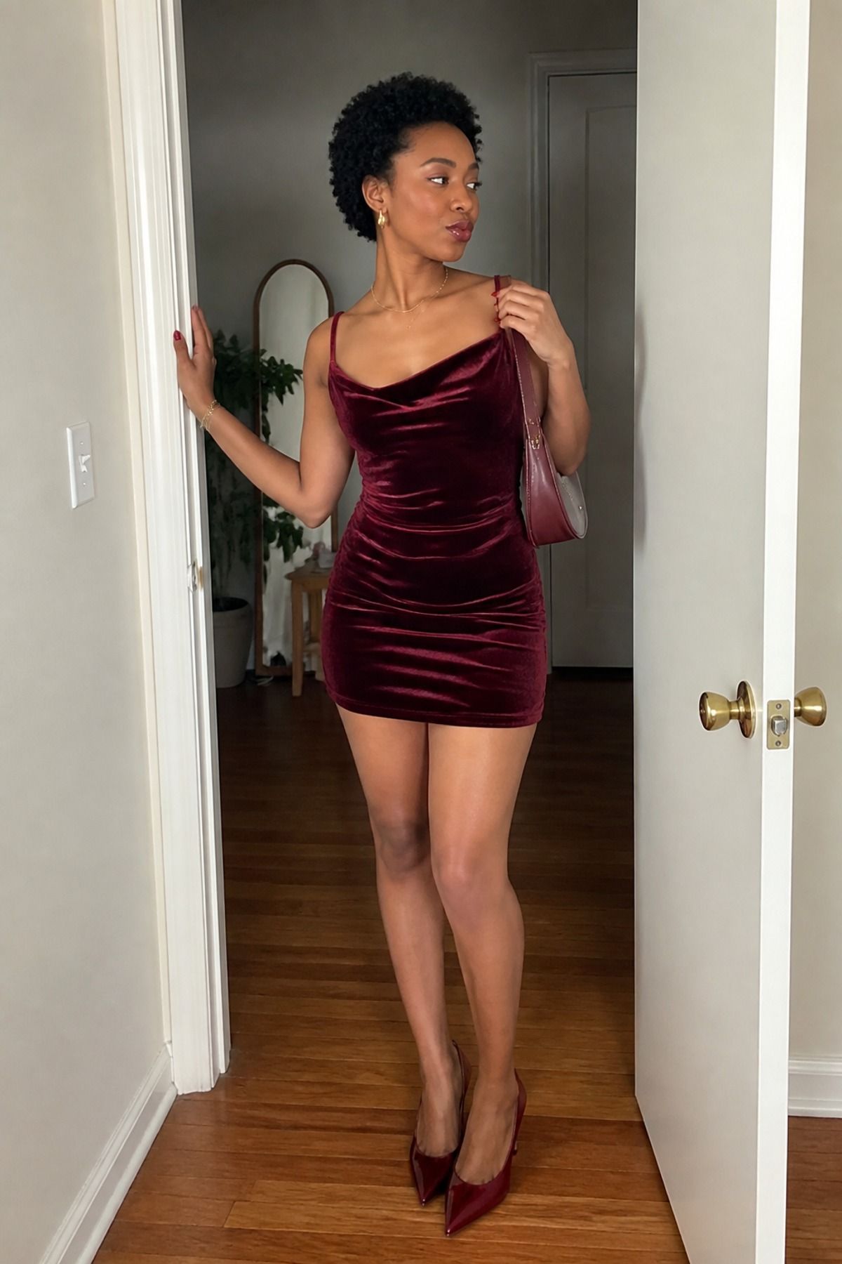 Burgundy Velvet Dress With Pointed Heels holiday party outfit idea.