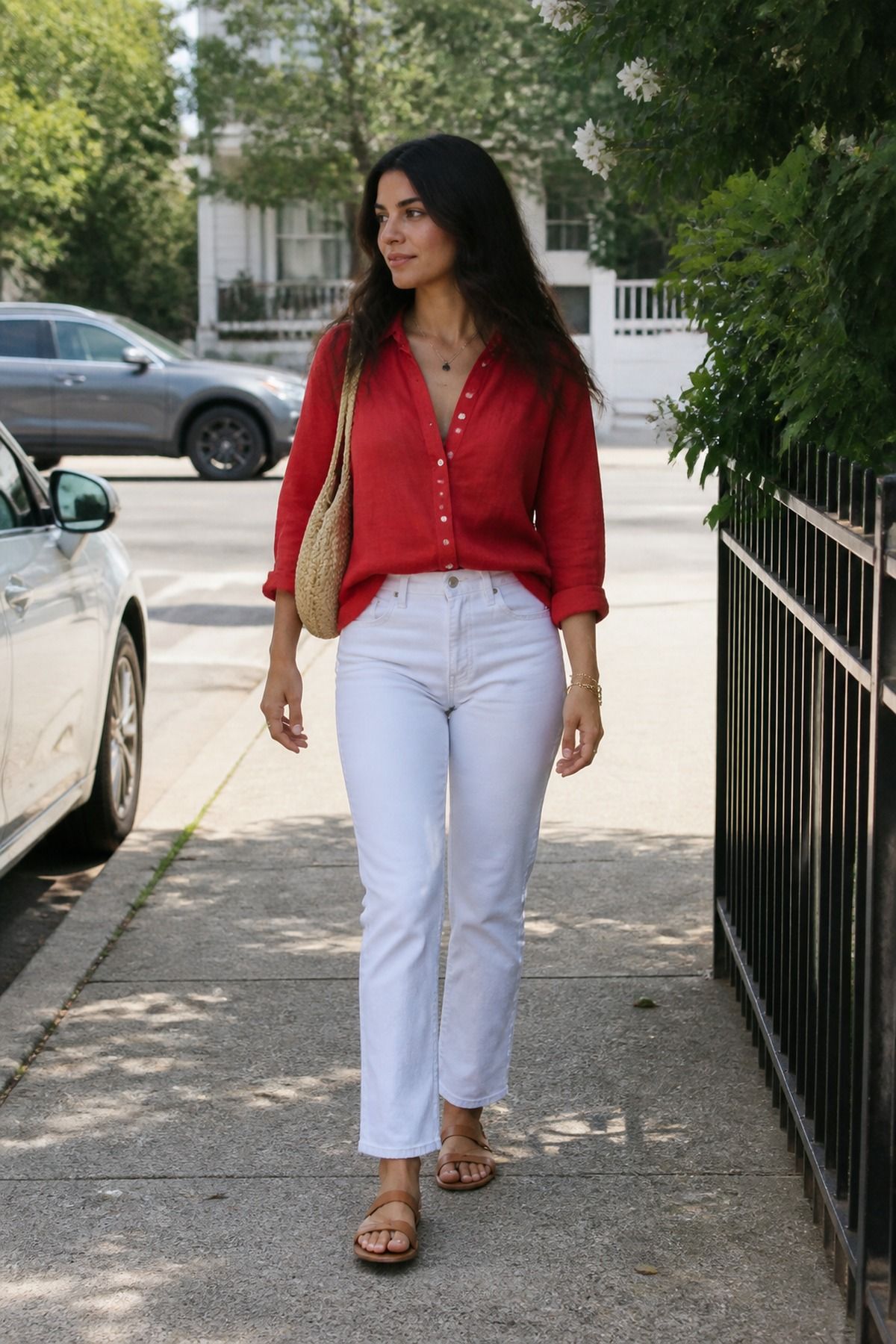 White Jeans With a Red Button-Down Labor Day outfit idea.