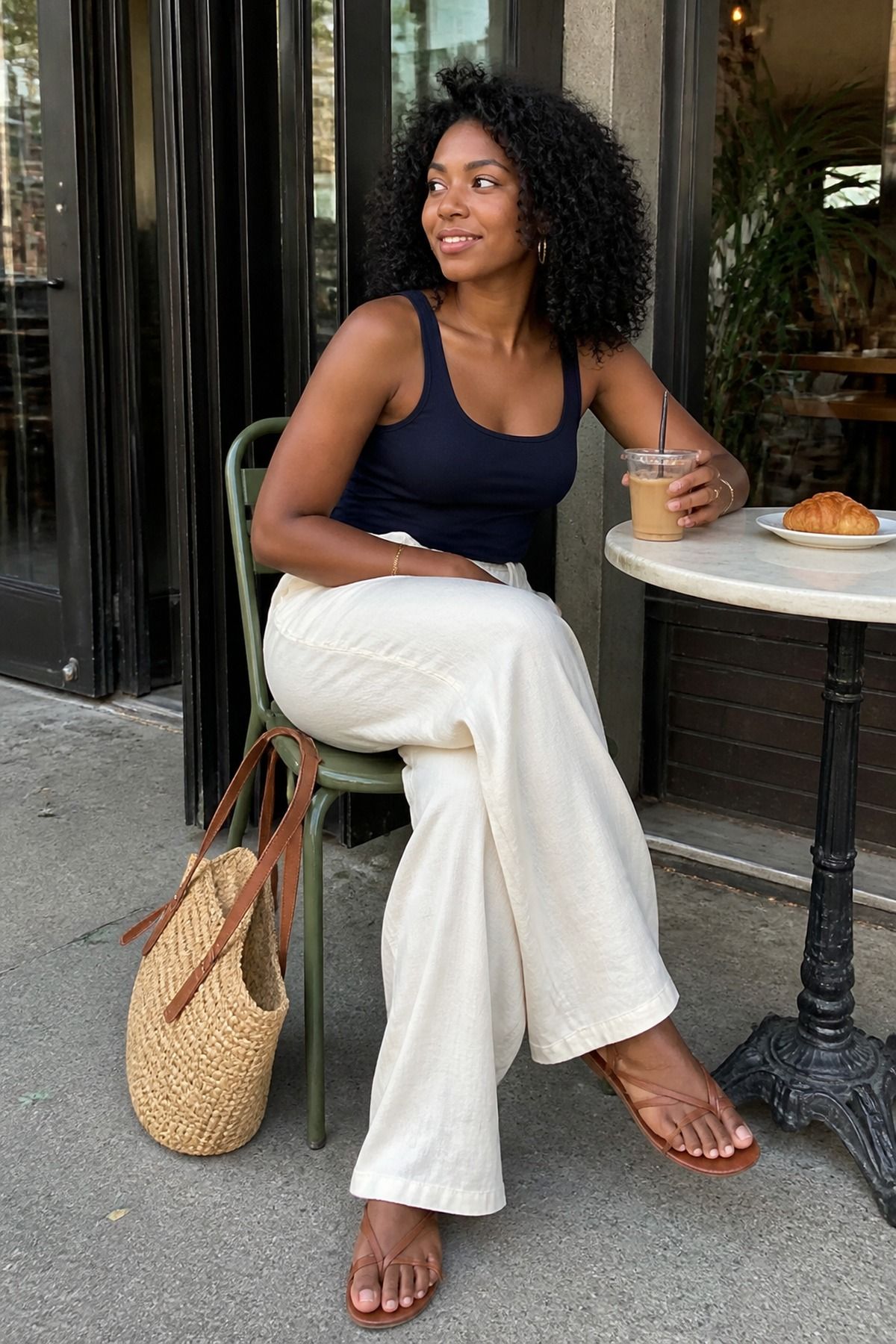 Woman wearing linen pants with a navy tank, a Labor Day outfit