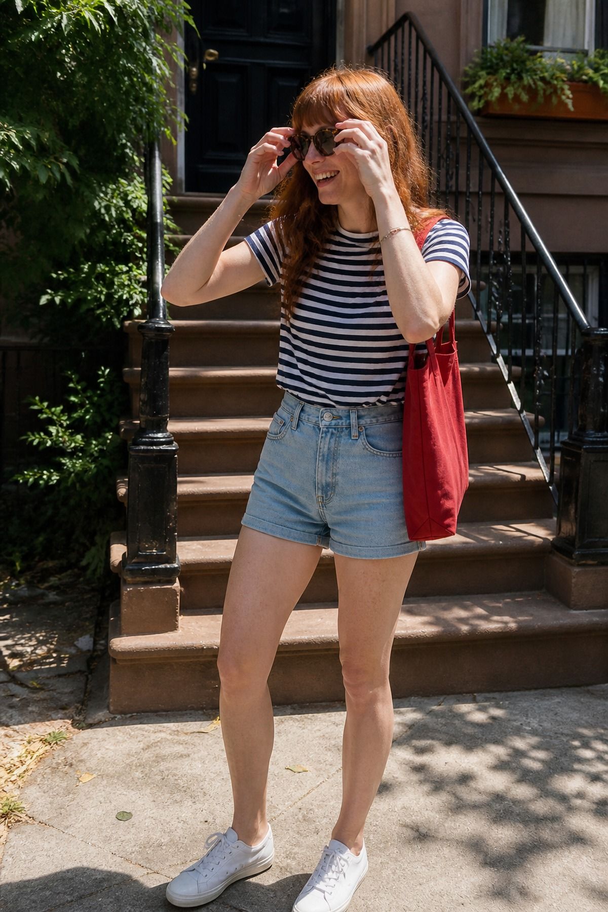 Woman wearing a striped tee with denim shorts, a Labor Day outfit