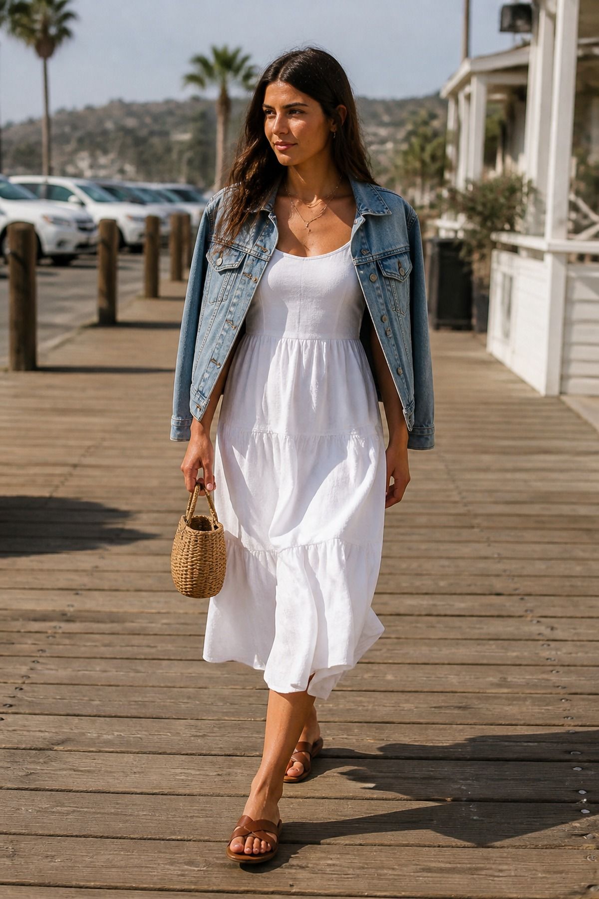 Woman wearing a white sundress with a denim jacket, a Labor Day outfit