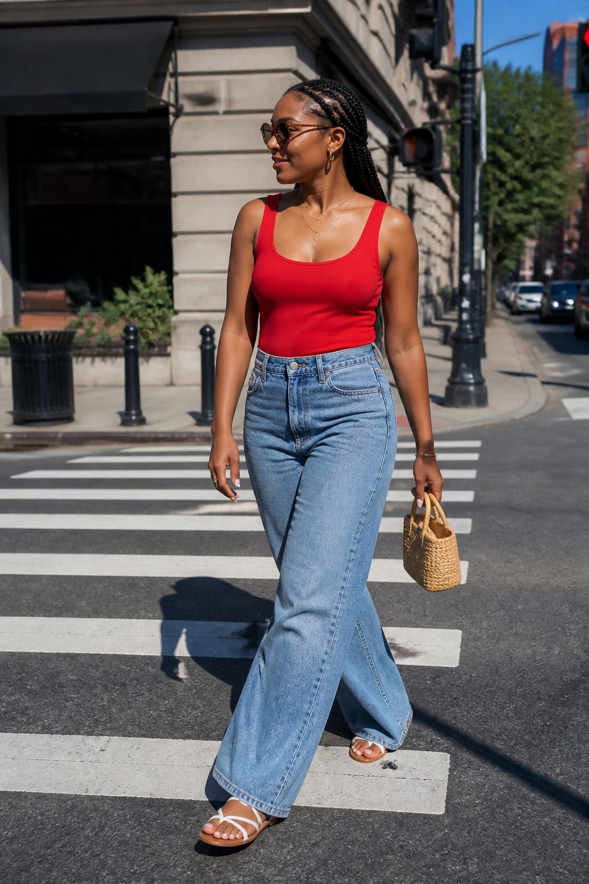 Woman wearing a red tank with wide-leg jeans, a Labor Day outfit