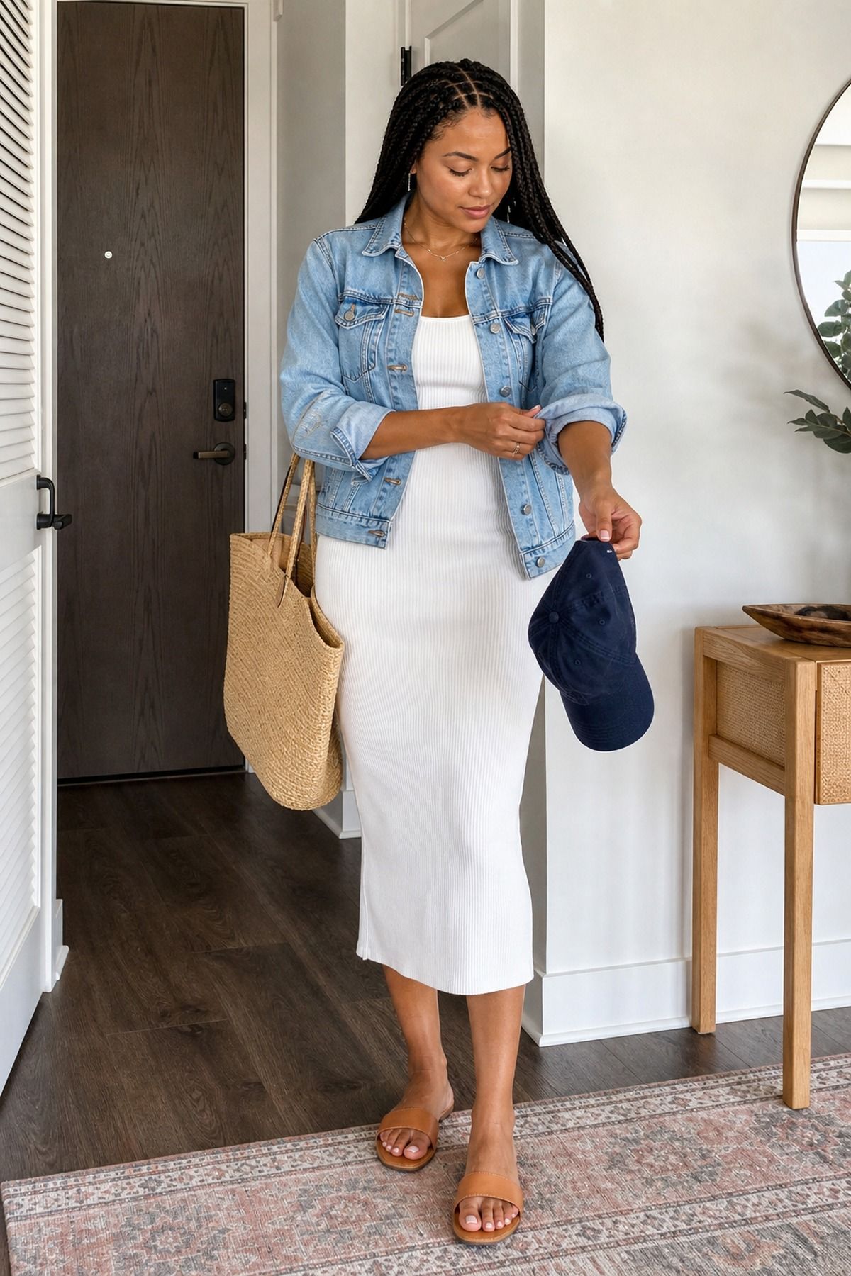 Woman wearing a denim jacket with a white tank dress, a Labor Day outfit