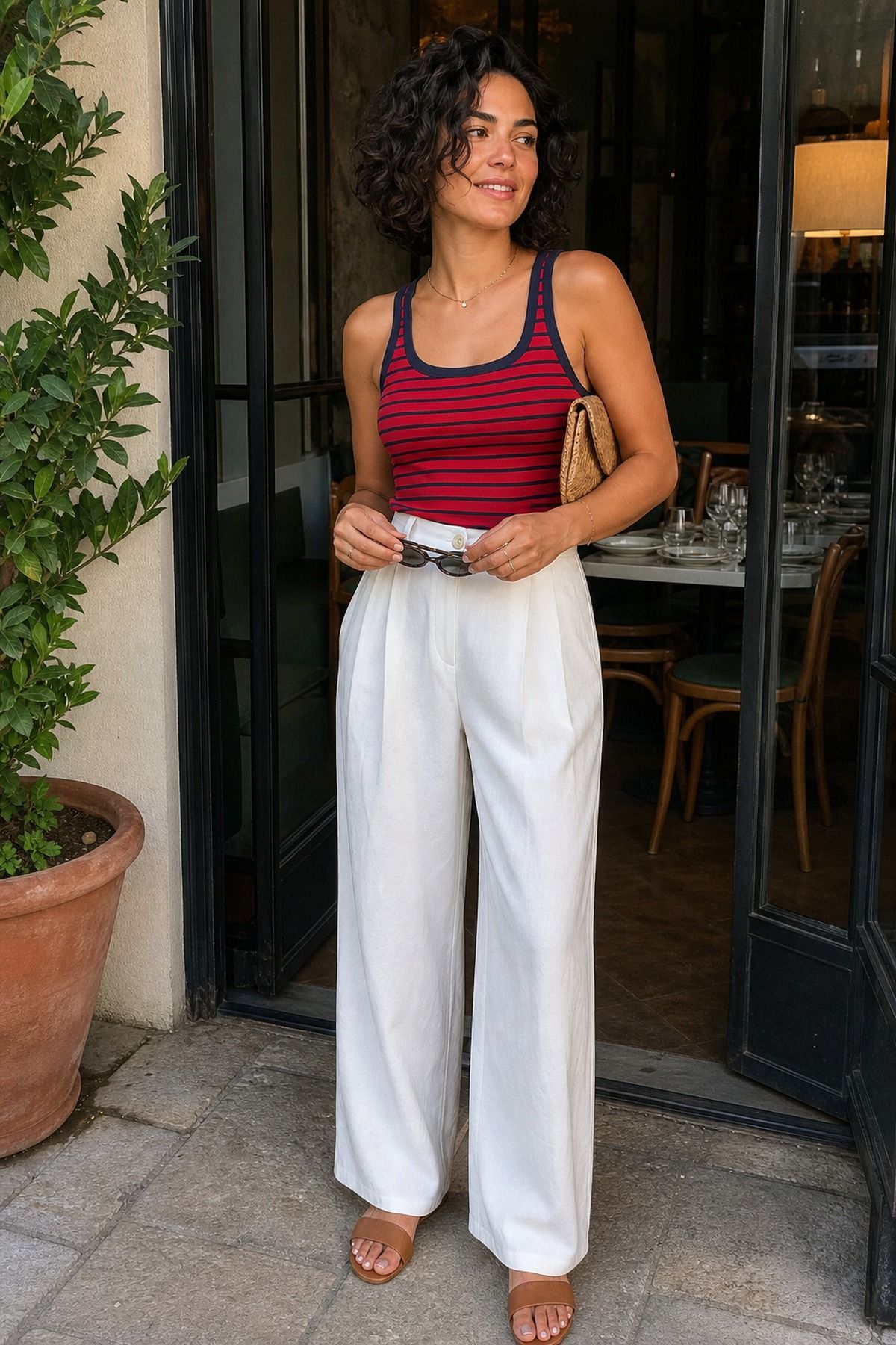 Woman wearing white wide-leg pants with a striped tank, a Labor Day outfit