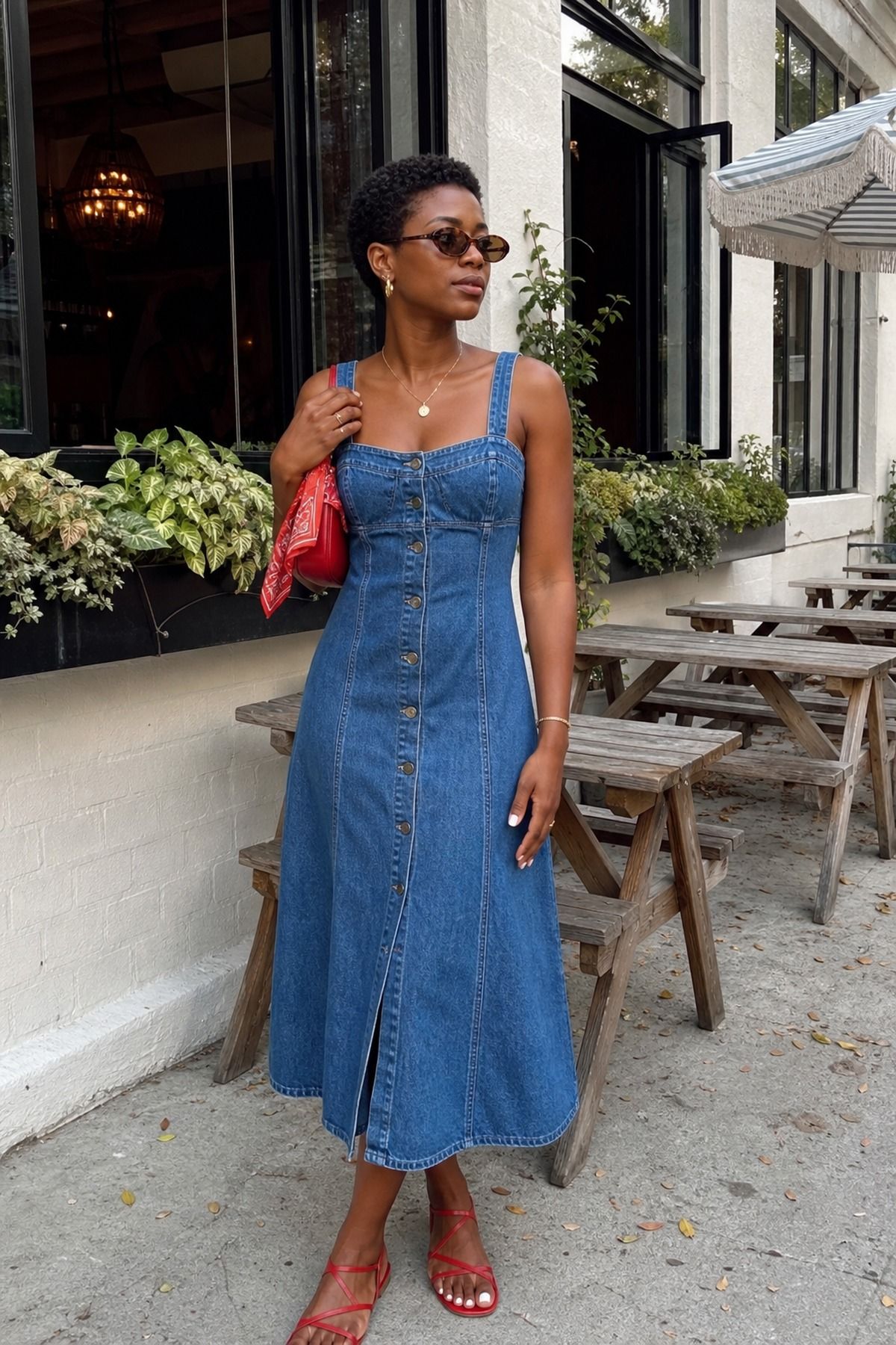 Woman wearing a denim dress with red accessories, a Labor Day outfit