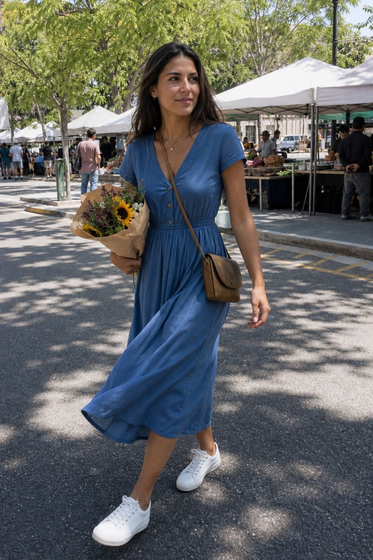 Woman wearing a blue cotton midi dress with sneakers, a Memorial Day outfit