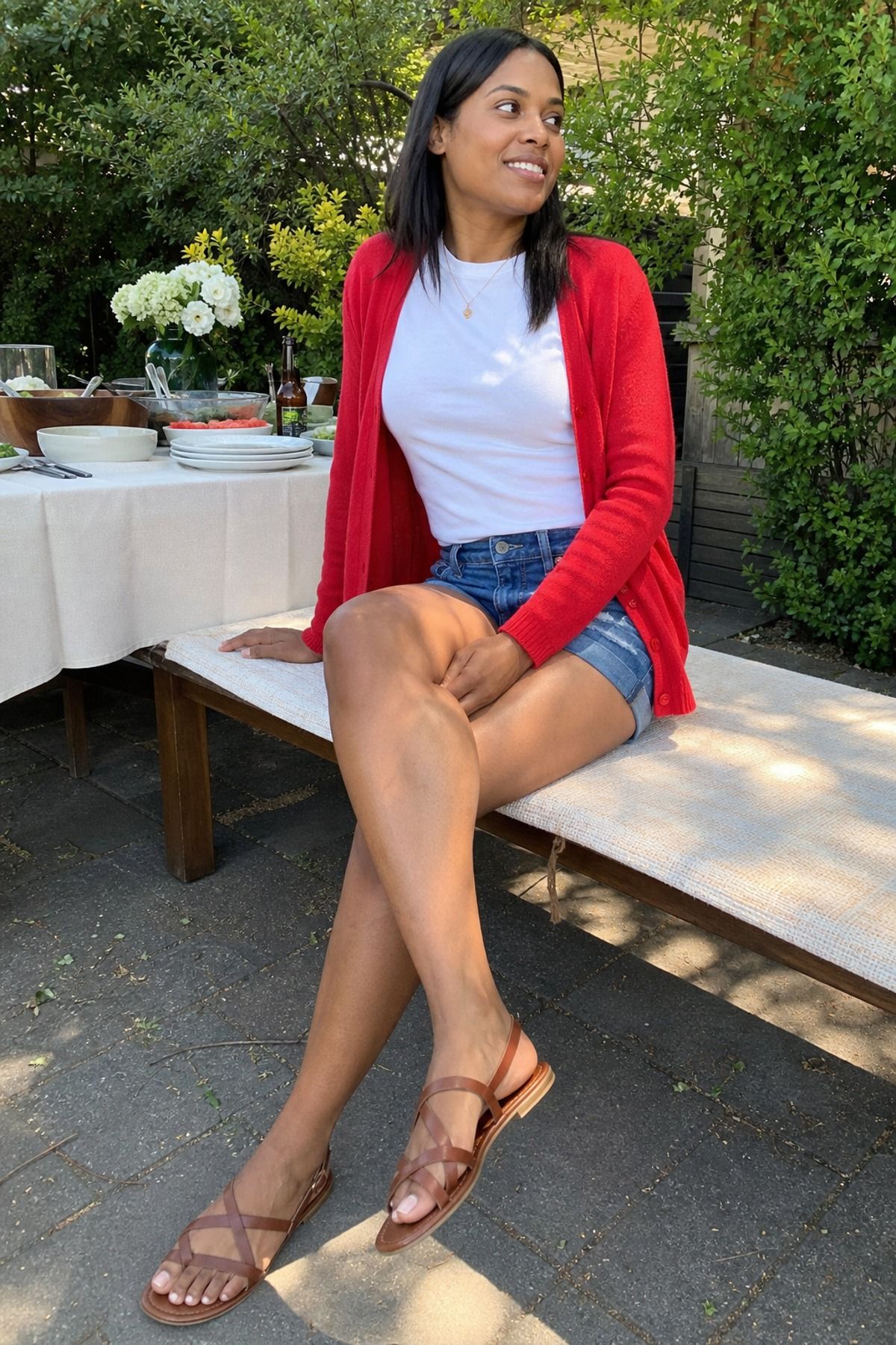 Woman wearing a red cardigan over a white tee and denim shorts, a Memorial Day outfit